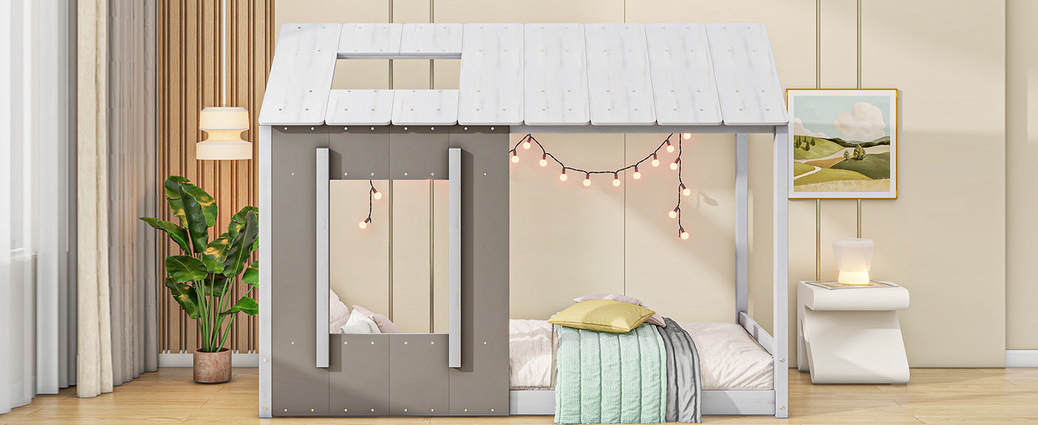 Twin Size House Platform with Roof and Window, White+Antique Grey(Old SKU: WF294130AAE)