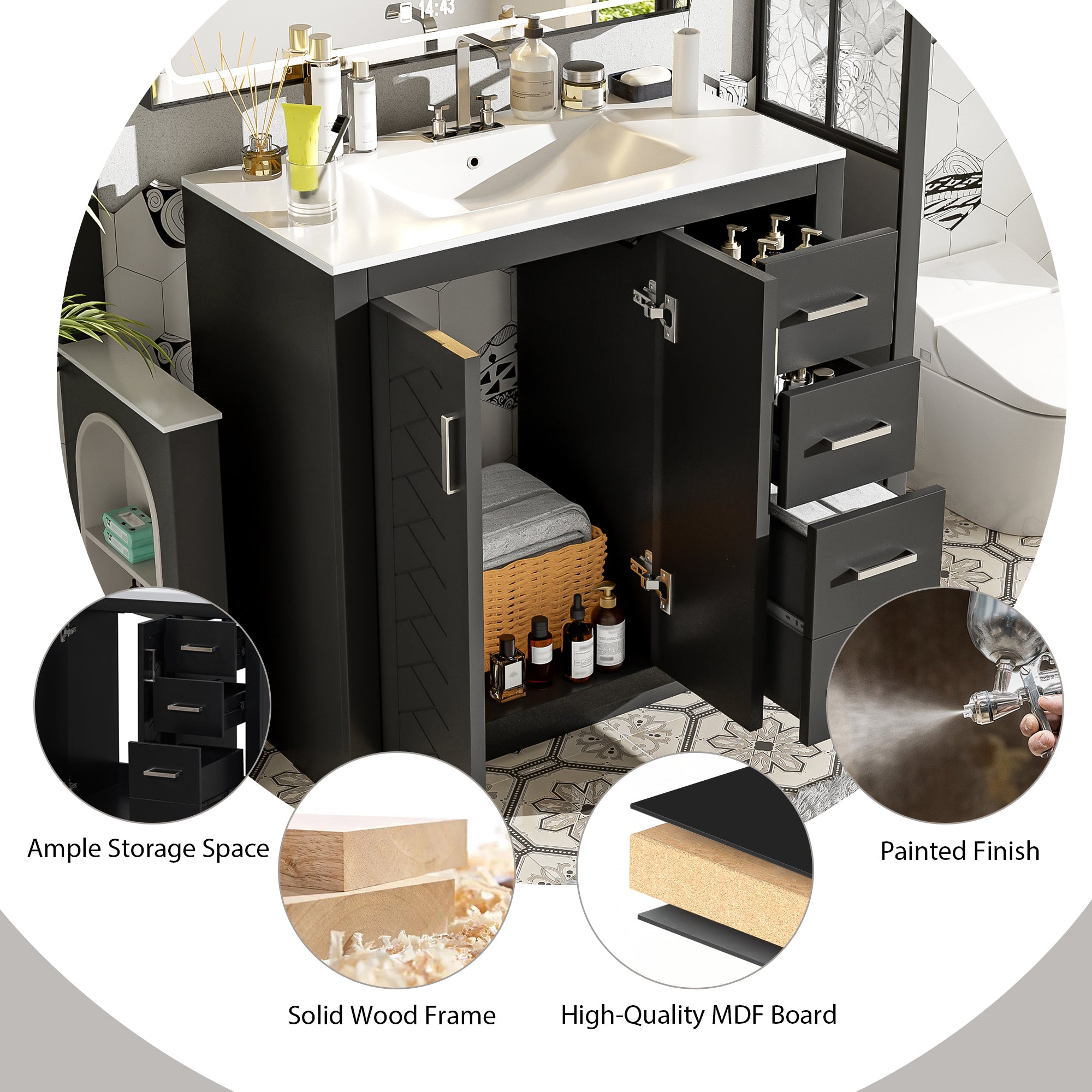 36 inch bathroom vanity with ceramic sink, styled in bathroom setting