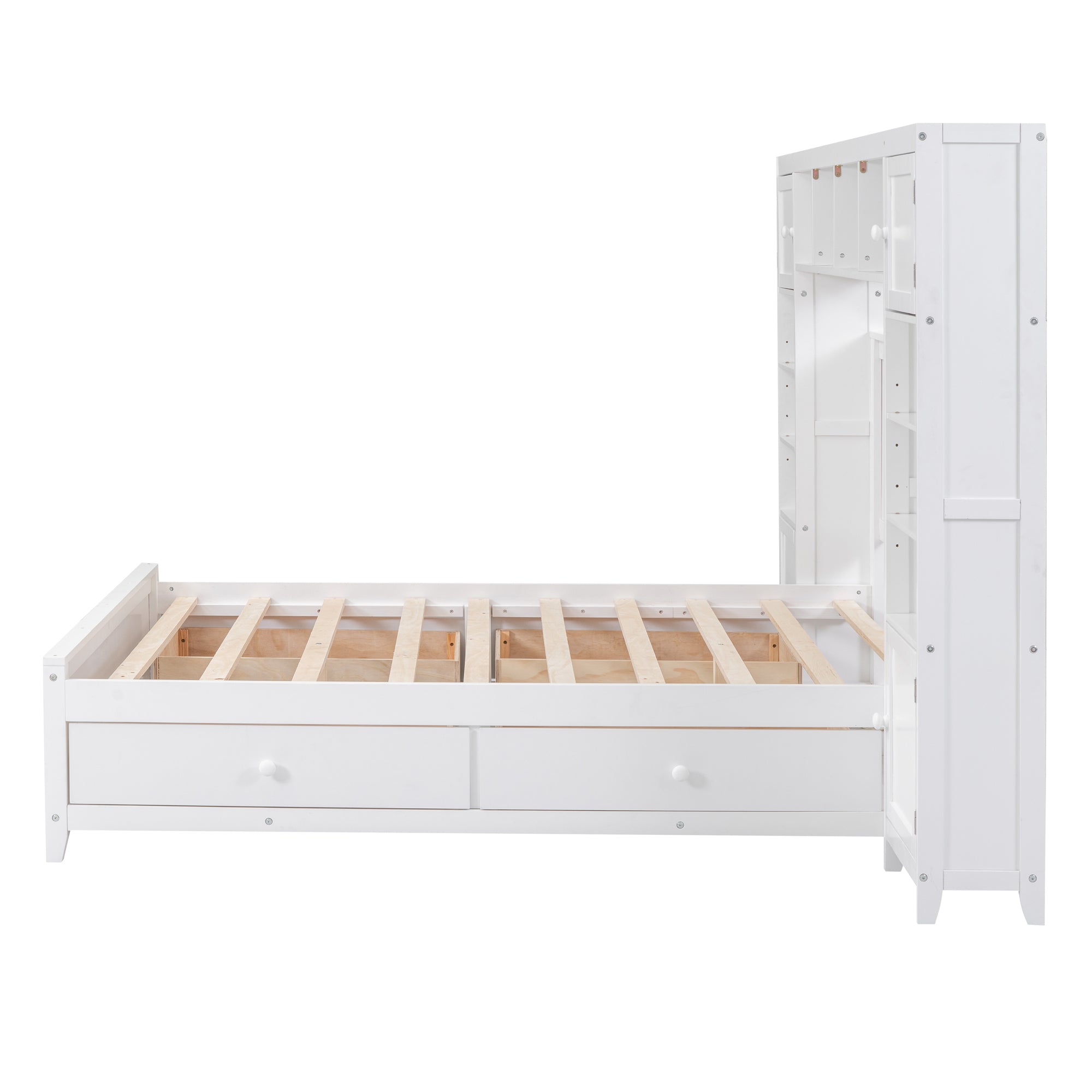 Full Size Wooden Bed With All-in-One Cabinet and Shelf, White