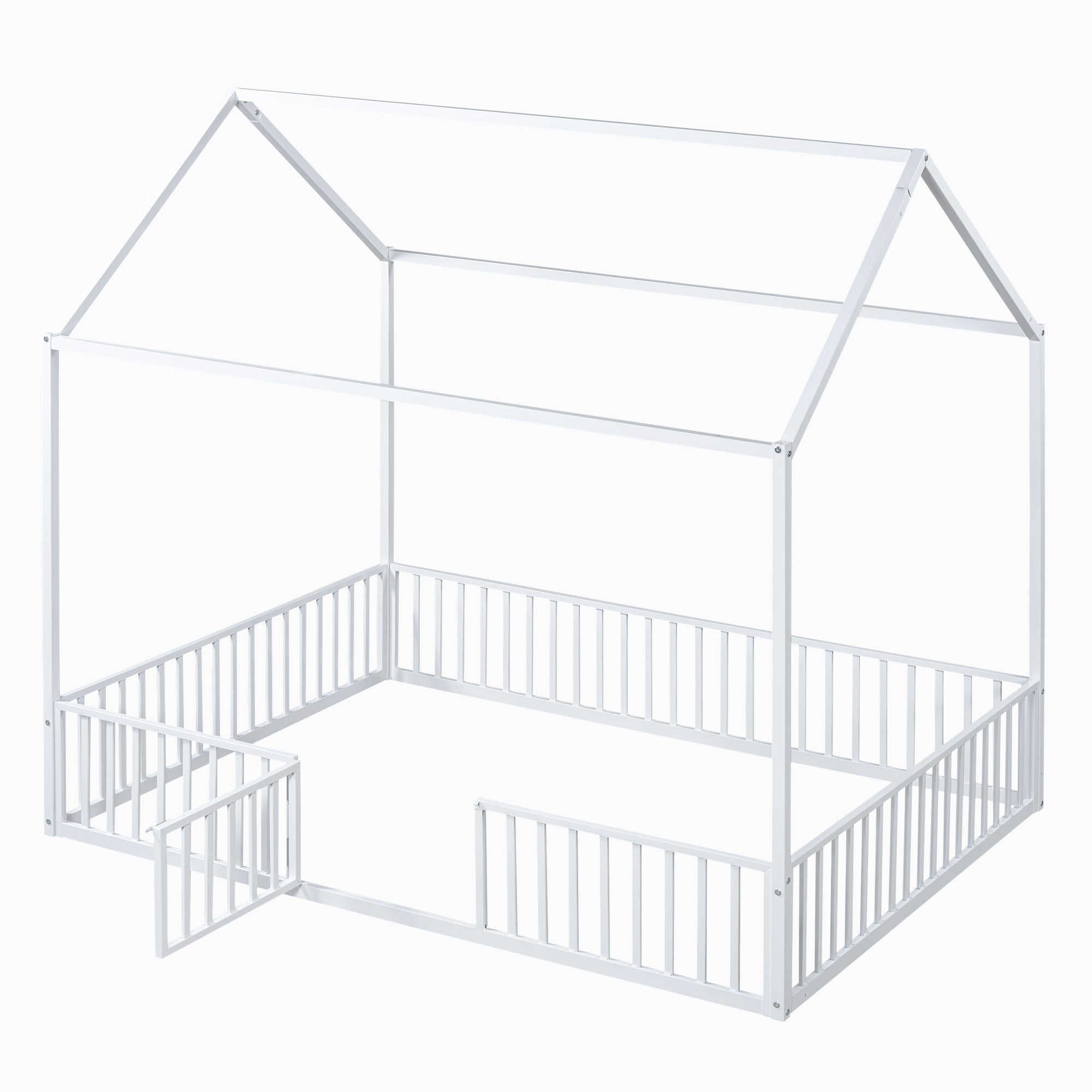 Full Size Metal House Bed with Fence and Door, White