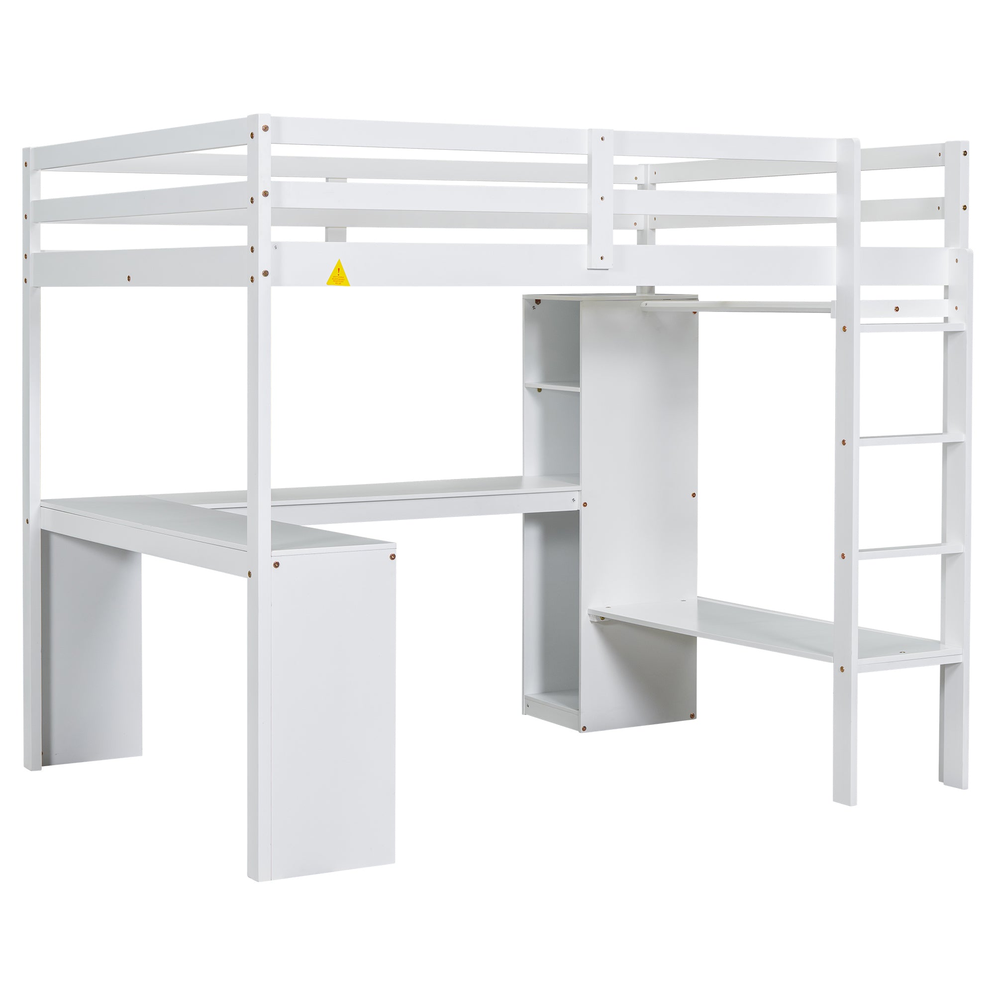 Full Size Loft Bed with L-shaped Desk, Wardrobe and Storage Shelves, White