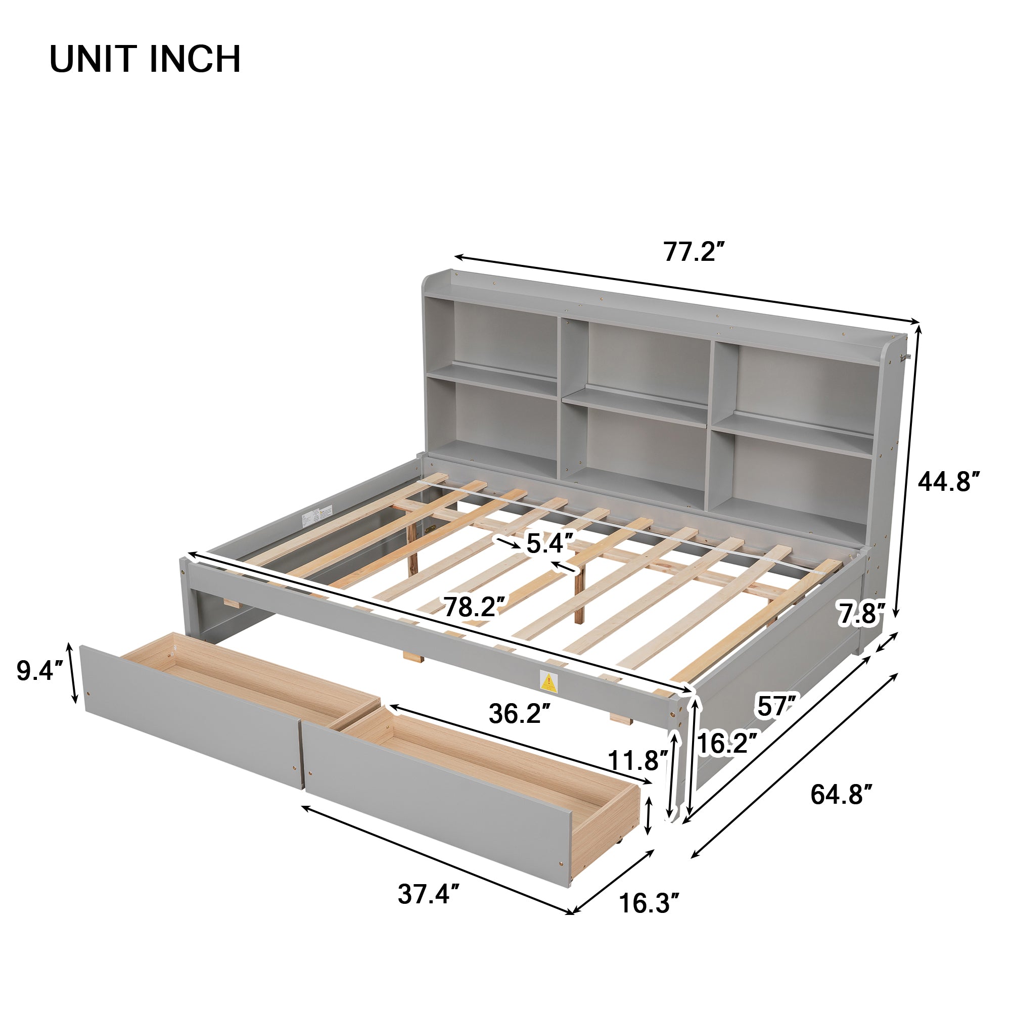 Full Bed with Side Bookcase, Drawers,Grey