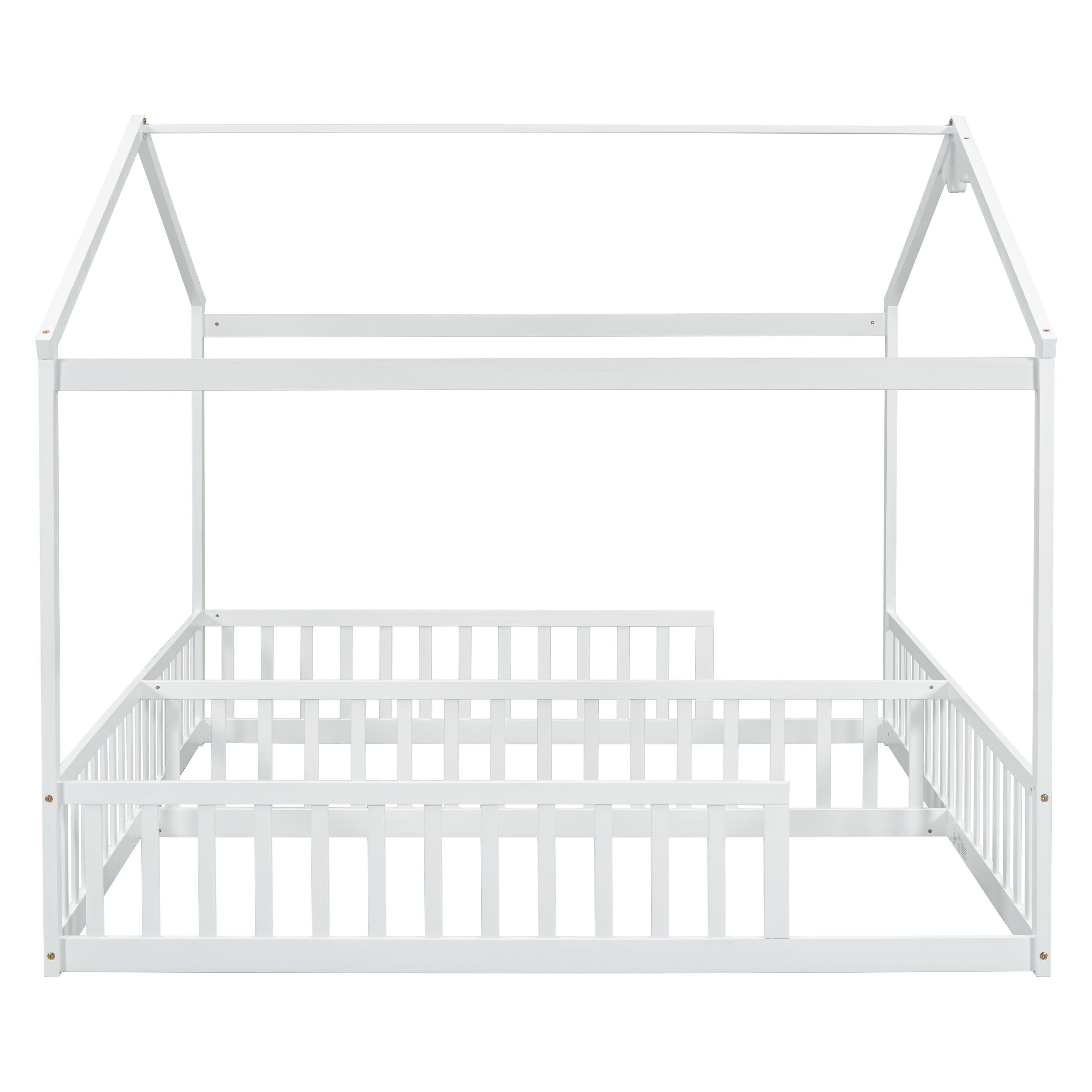 Double Twin House-Style Floor Bed with Fence, Guardrails, without door, White