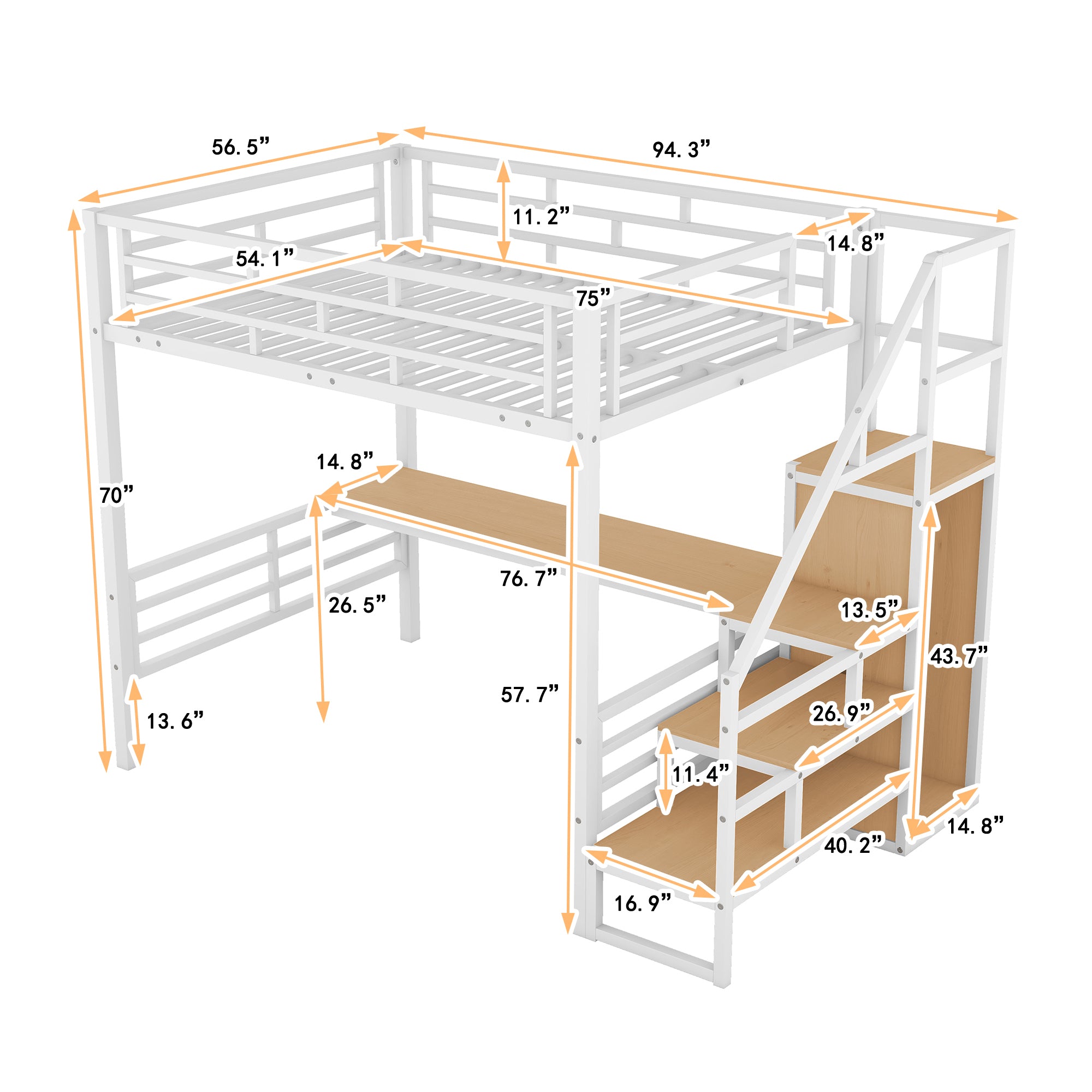 Full Size Metal Loft Bed with Desk, Storage Staircase and Small Wardrobe, Storage stairs can be installed left and right, White