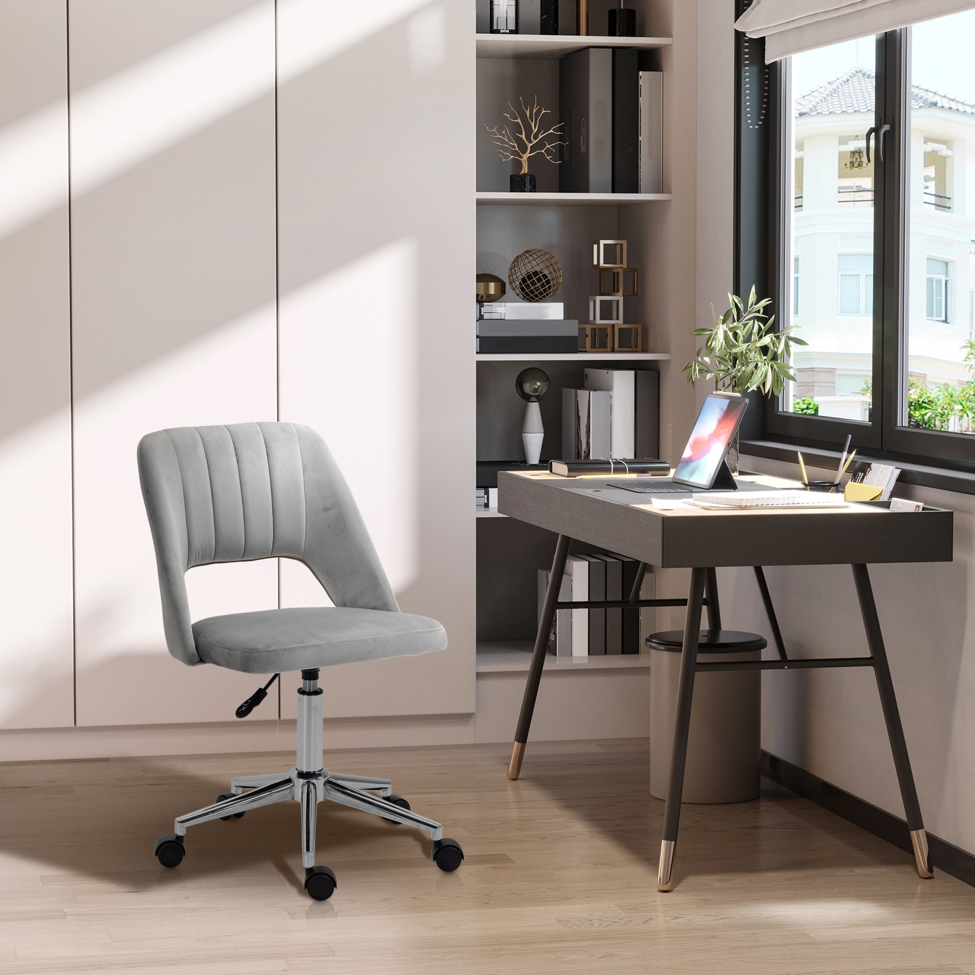 Vinsetto Modern Mid Back Office Chair with Velvet Fabric, Swivel Computer Armless Desk Chair with Hollow Back Design for Home Office, Grey