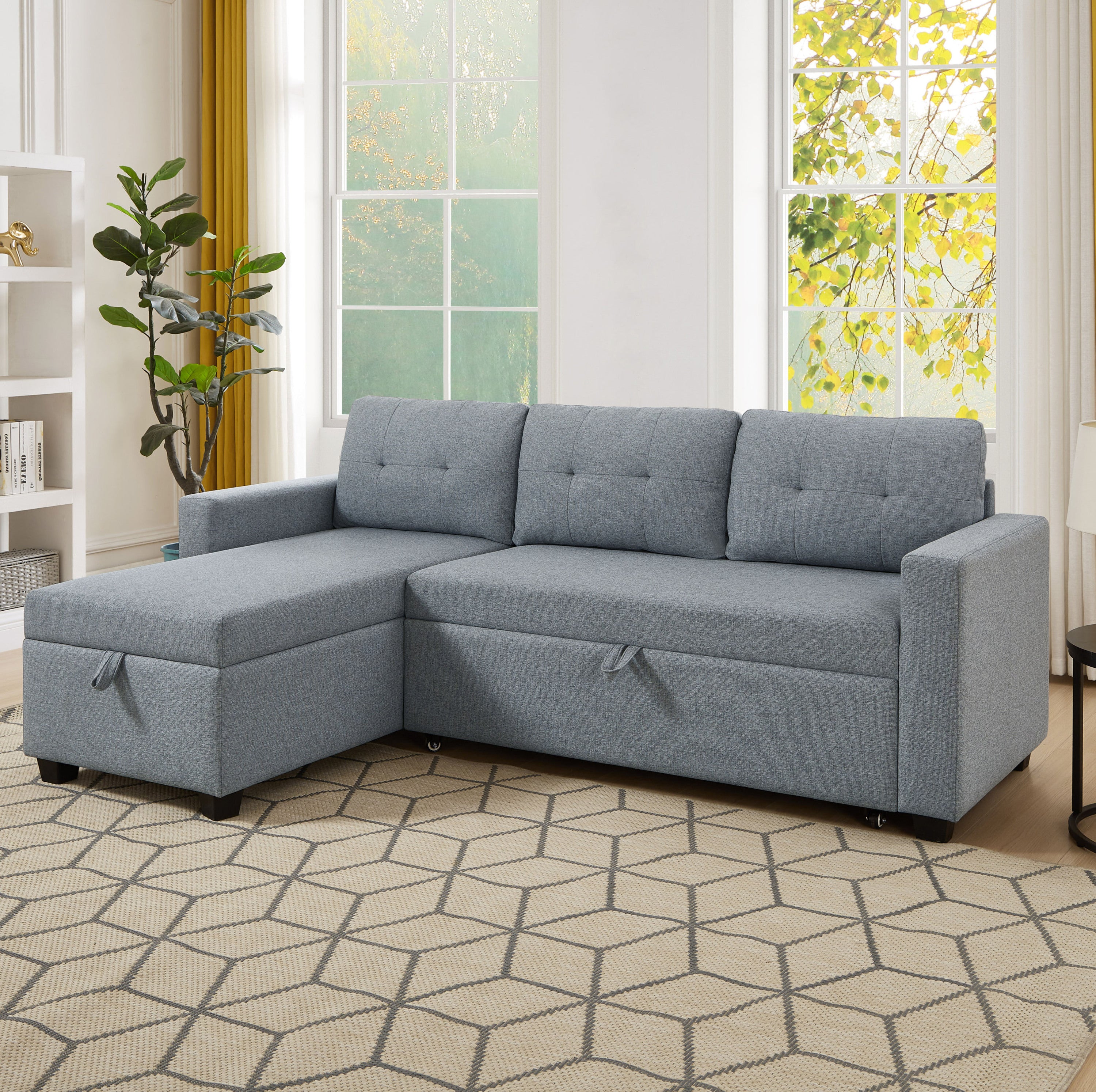 Upholstered Pull Out Sectional Sofa with Storage Chaise, Convertible Corner Couch, Light Grey