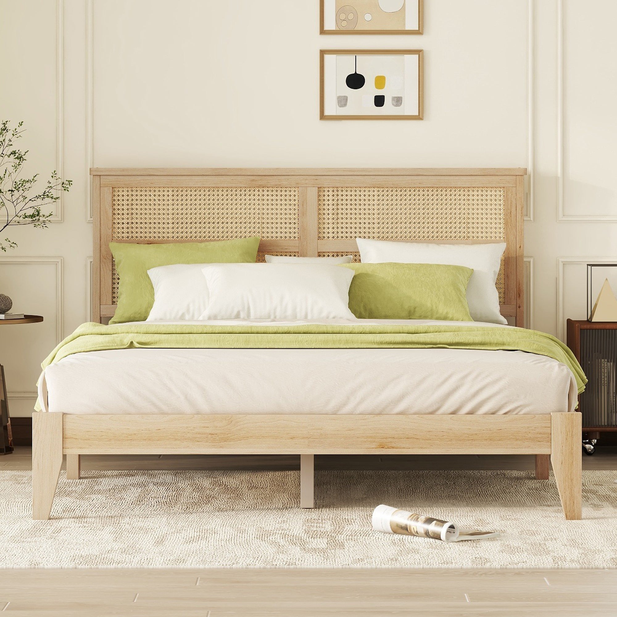 Queen solid wood platform bed natural finish with support feet, side view