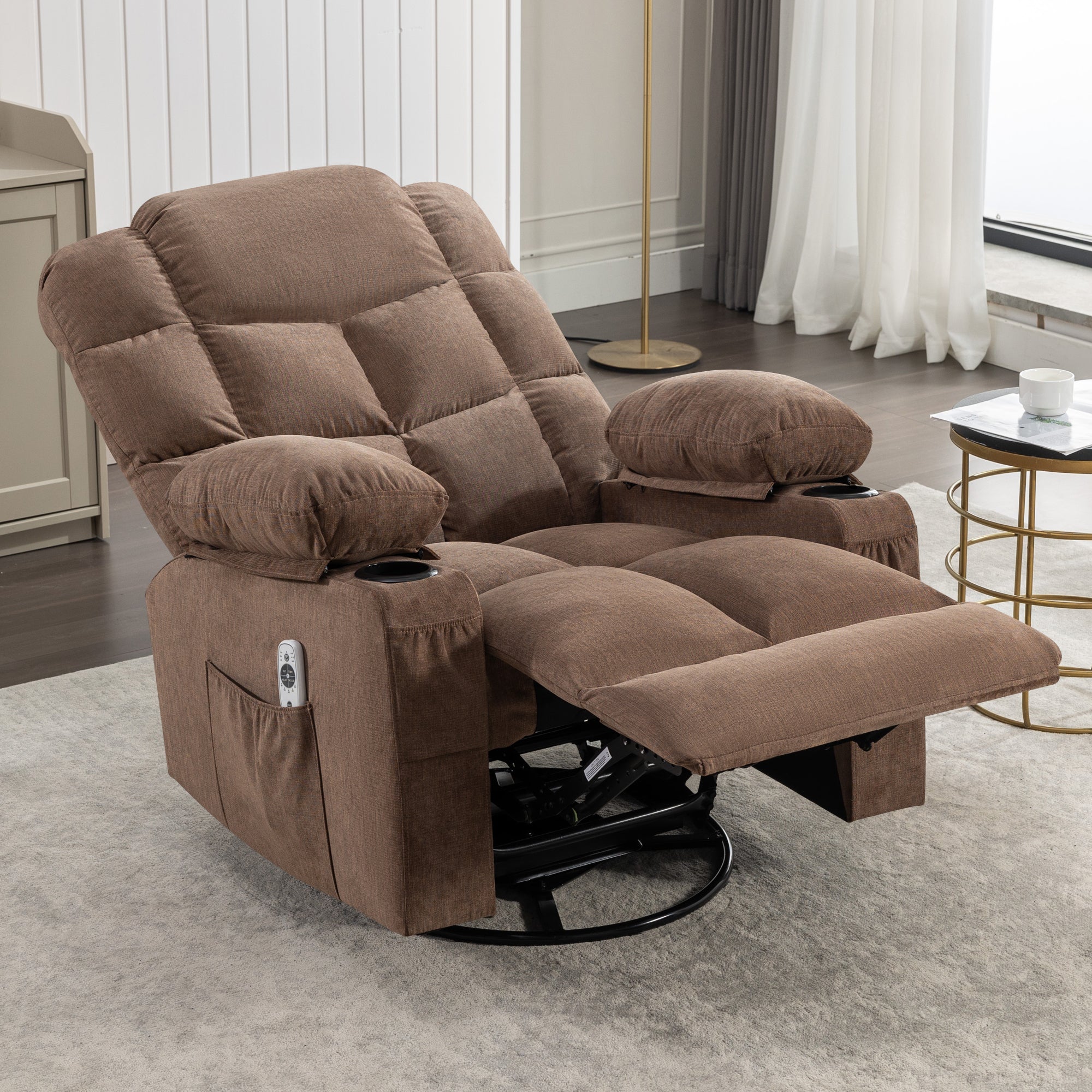 Massage Rocker Recliner Chair Rocking Chairs for Adults Oversized with 2 Cup Holders, USB Charge Port Soft Features a Manual Massage and Heat.(A+B)BROWN