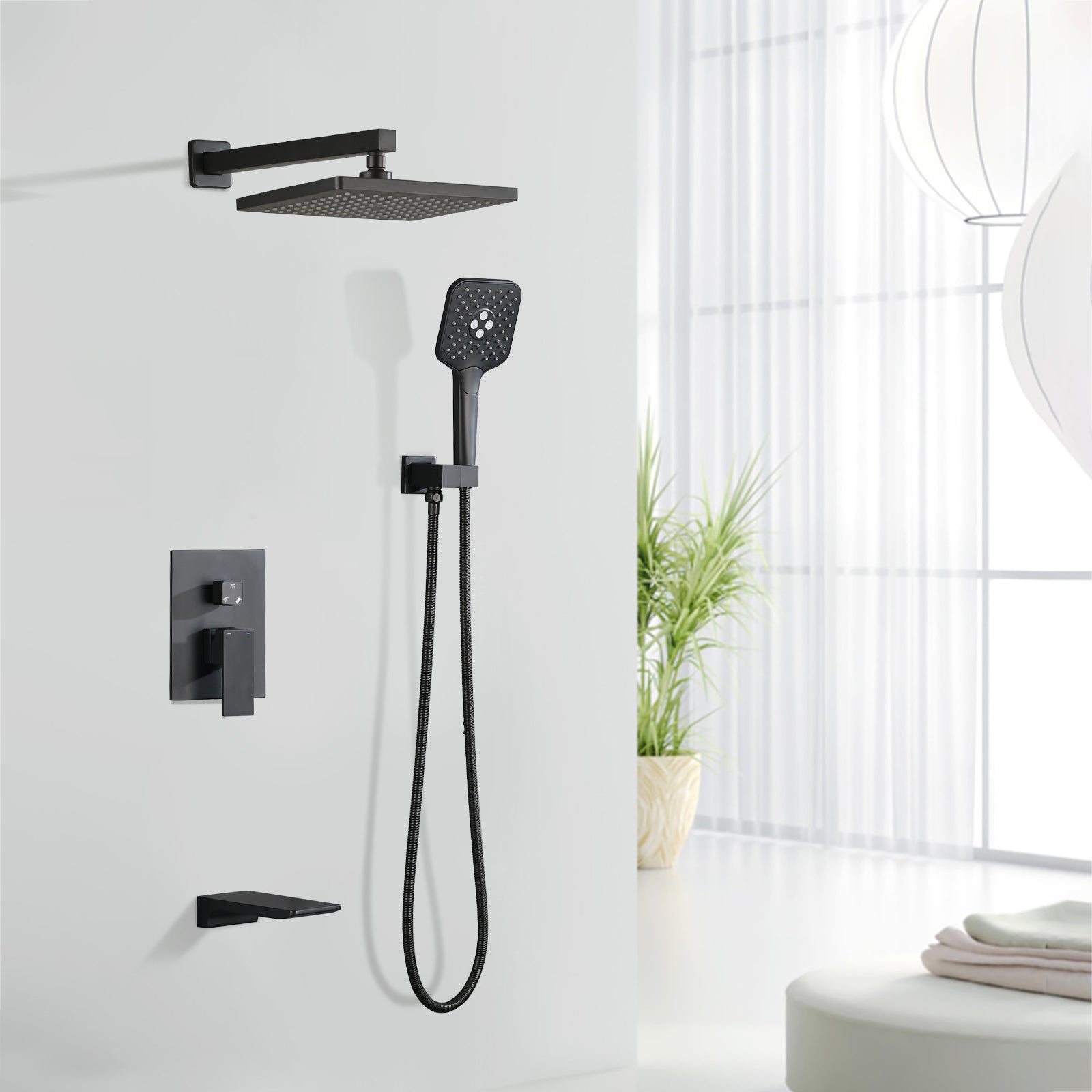 Shower Faucet Set, with Handheld Shower and Rainfall Shower Head Combination Set Wall Mounted Shower System with Tub Spout