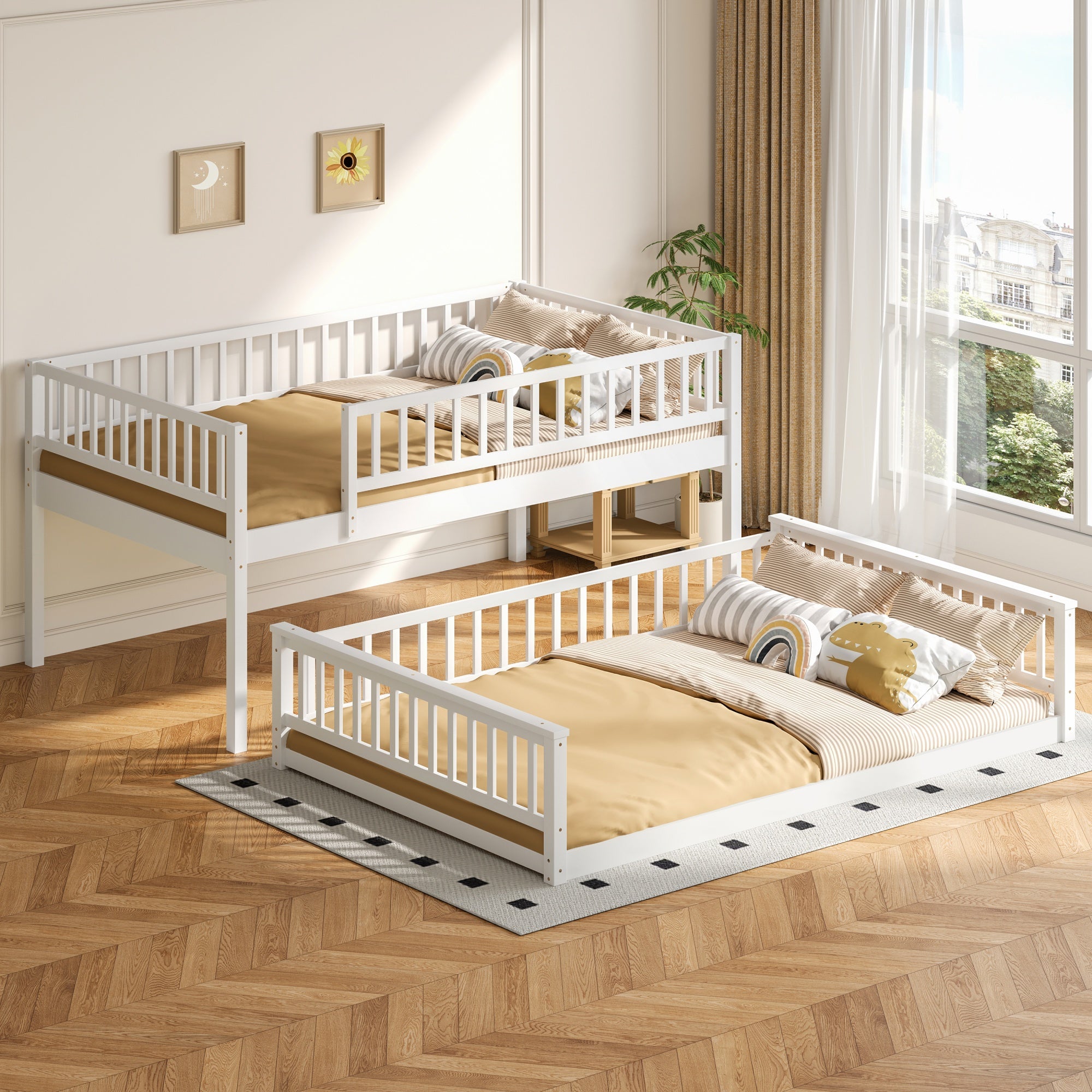 White bunk bed upper Full XL bunk with full-length guardrails detail
