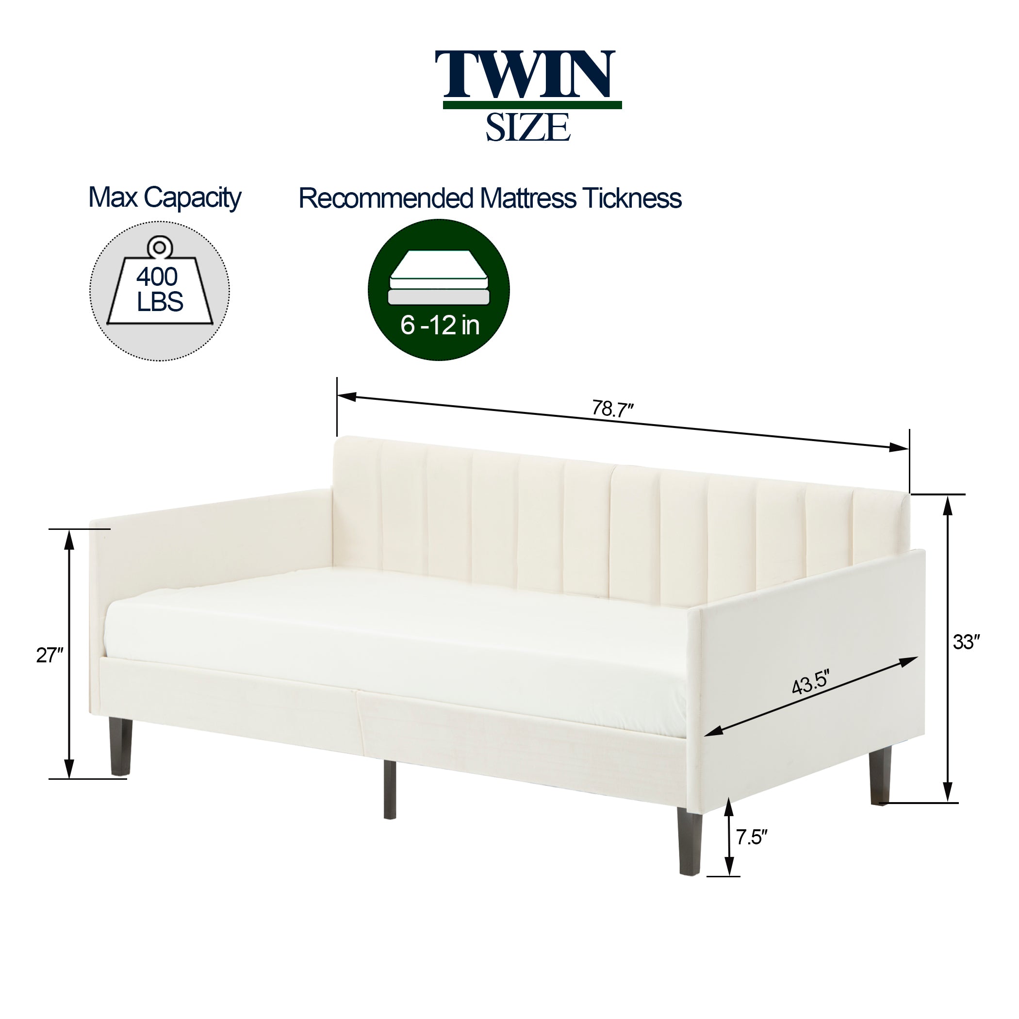 Elena Twin Size Beige Velvet Upholstered Daybed, Ribbed Tufted Backrest, Daybed in Lavish Modern Design, Richly Hued Foam Comfort