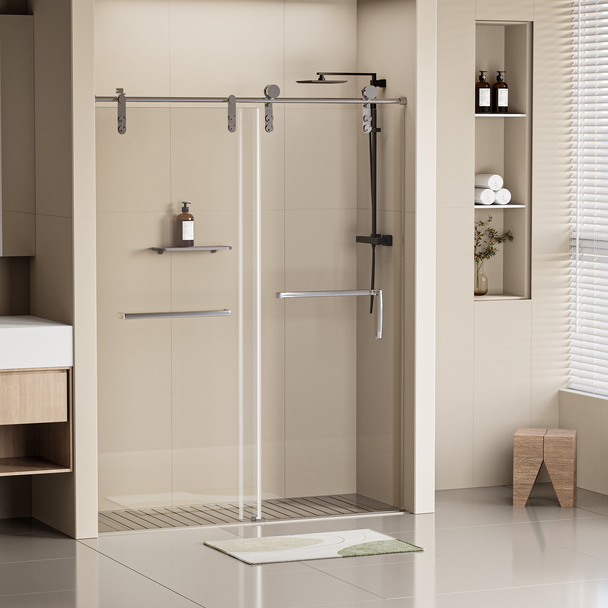 56-60"W x 76"H Frameless Shower Door, Single Sliding Shower Door, 5/16" (8mm) Clear Tempered Glass Shower Door Explosion-Proof Film, Stainless Steel Hardware, Chrome 24D210-60C-COMBO