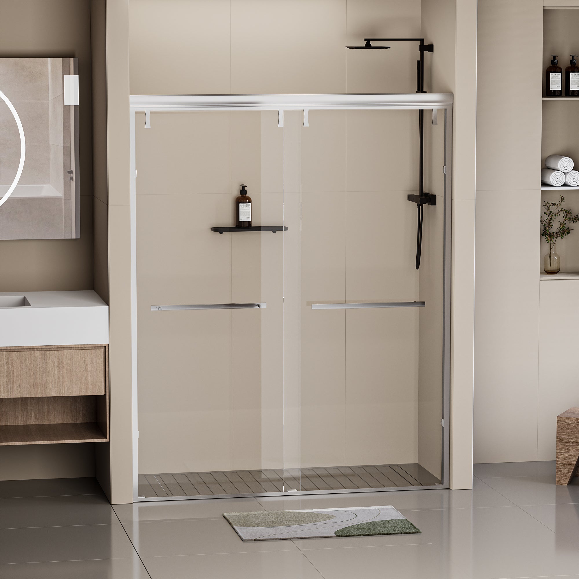 56-60"W x 76"H Semi-Frameless Shower Door, Double Sliding Shower Door, 5/16" (8mm) Clear Tempered Glass Shower Door with Explosion-Proof Film, Chrome 24D212-60C-COMBO