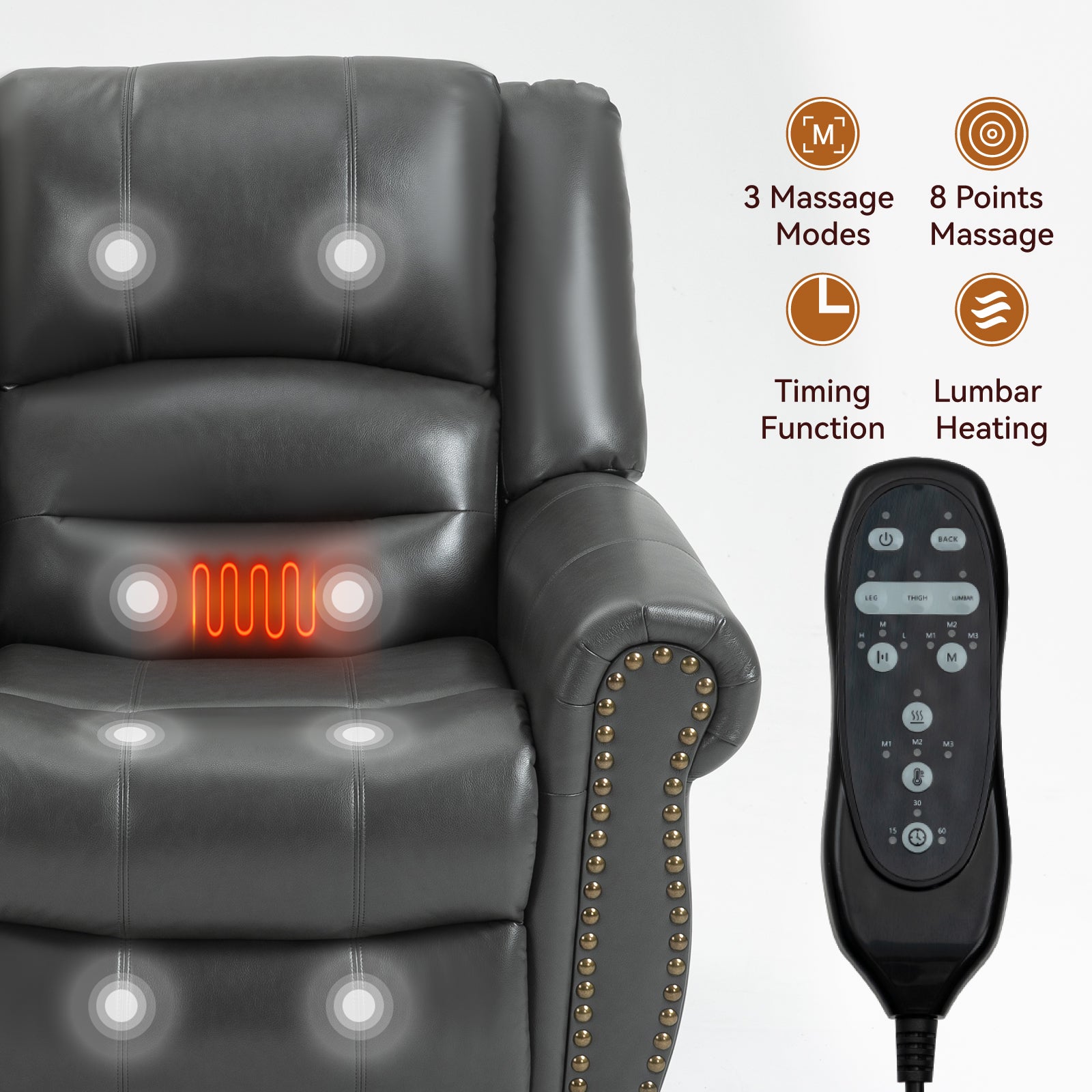 Power Lift Recliner Chair Heat Massage Dual Motor Infinite Position Up to 350 LBS, Faux Leather, Heavy Duty Motion Mechanism with USB Ports, Grey