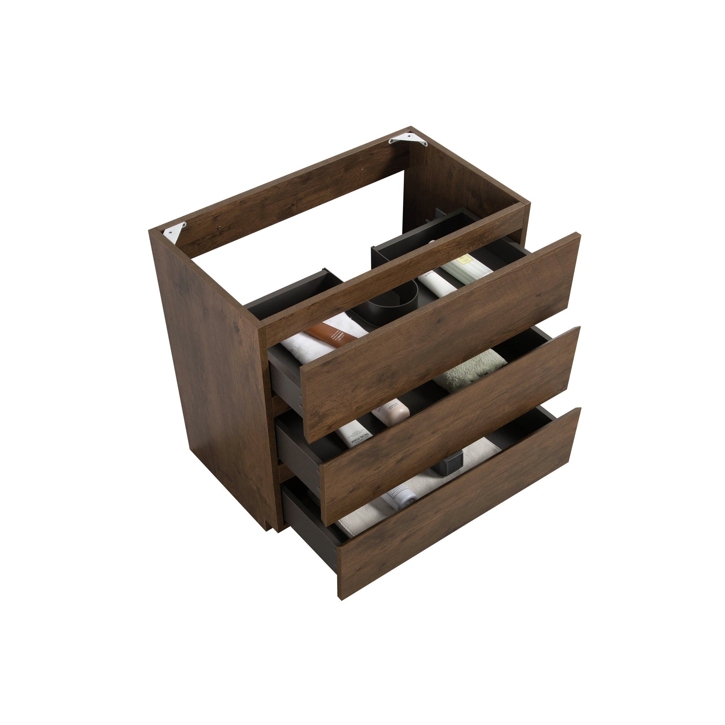 Alice-30F-105,Floor cabinet WITHOUT basin, Walnut color, With three drawers, Pre-assembled