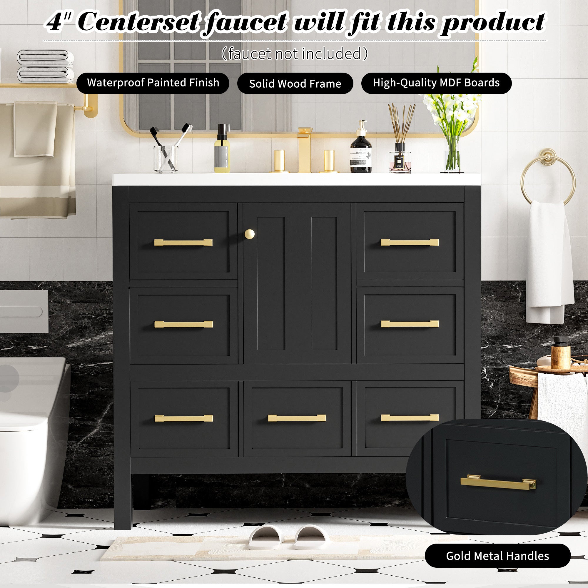 36'' Bathroom Vanity with Resin Sink Combo, Solid Wood Frame Bathroom Storage Cabinet, Freestanding Vanity Set with 5 Drawers& Soft Closing Doors (Same as N710S136002B )