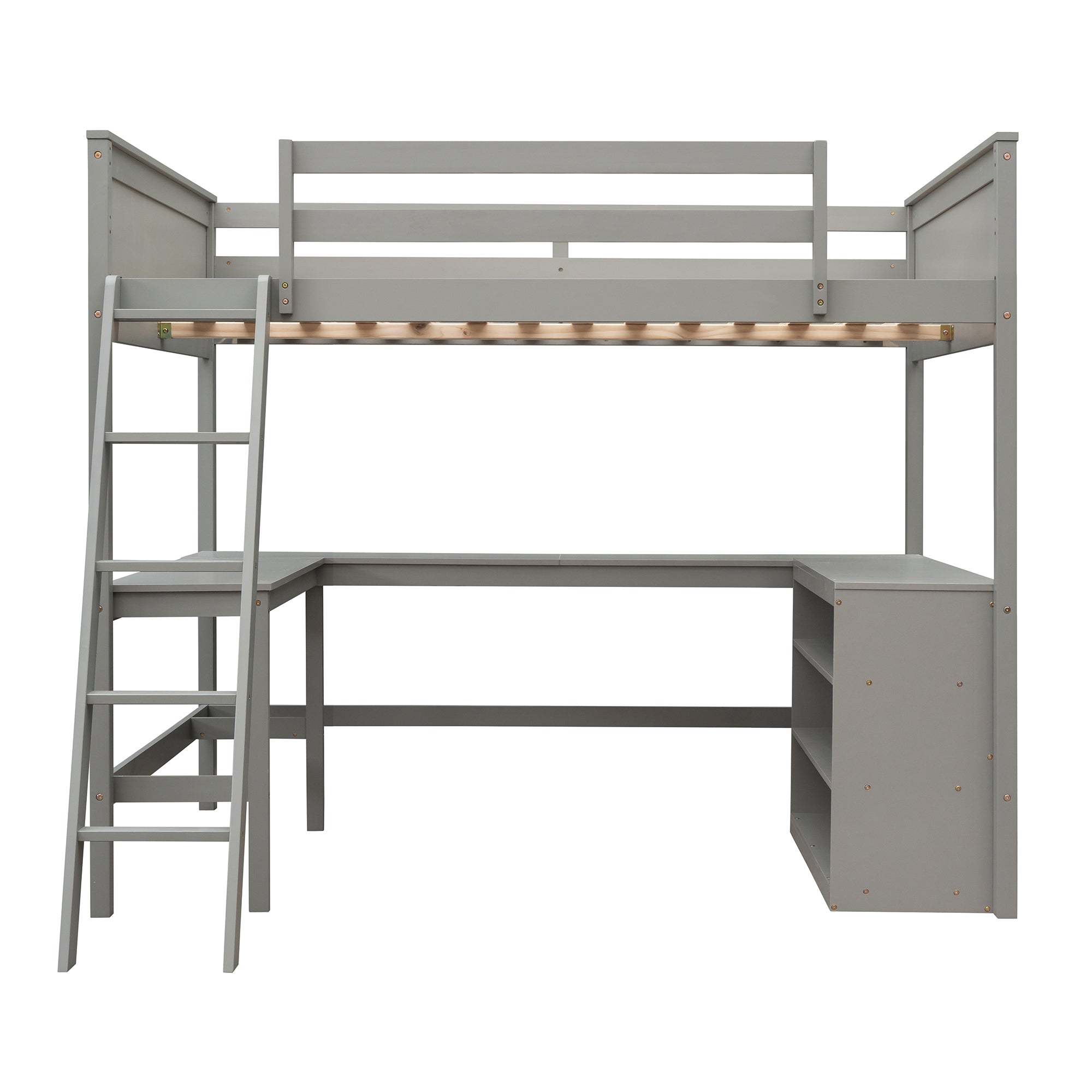 Full size Loft Bed with Shelves and Desk, Wooden Loft Bed with Desk - Gray