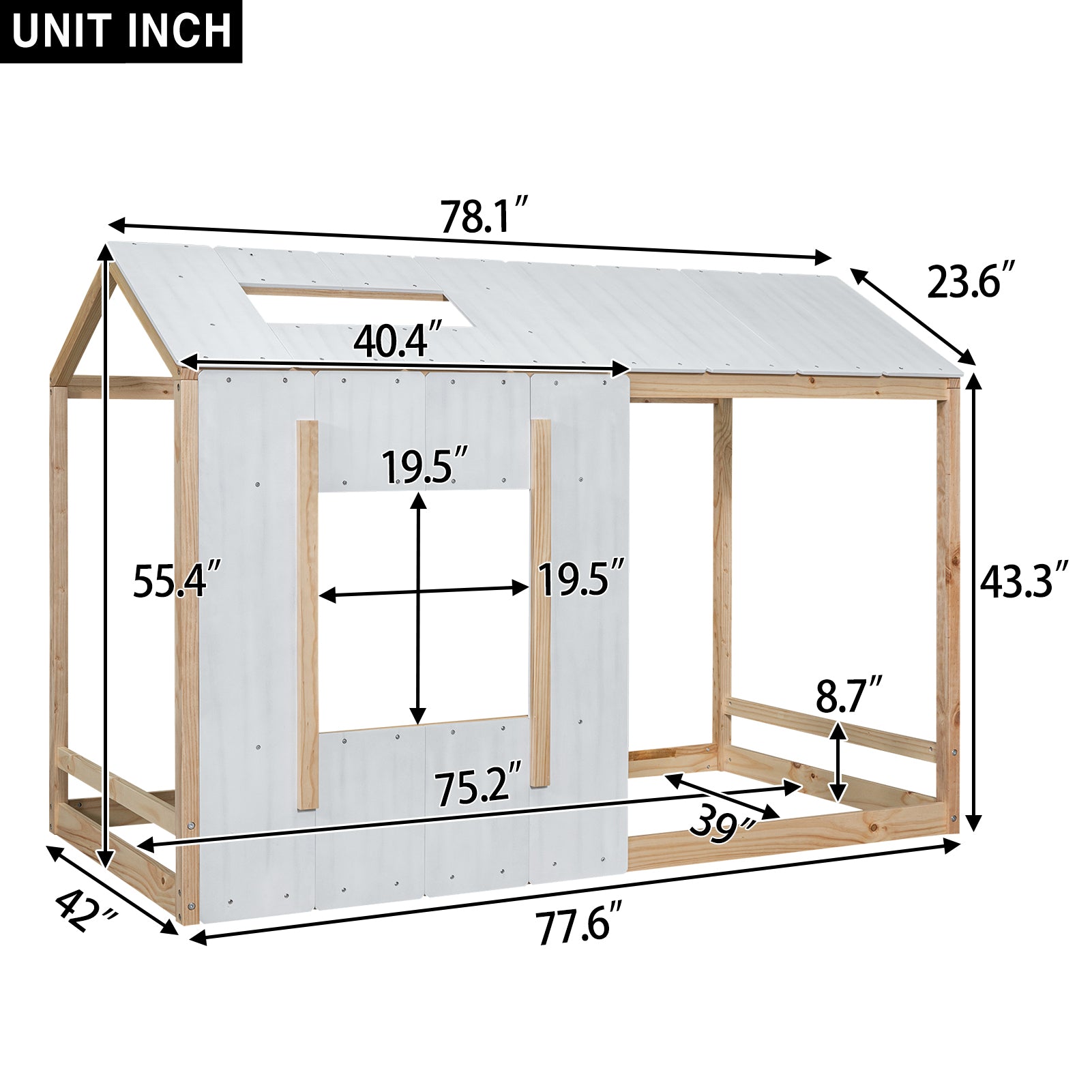 Twin Size House Platform with Roof and Window , White+Natural