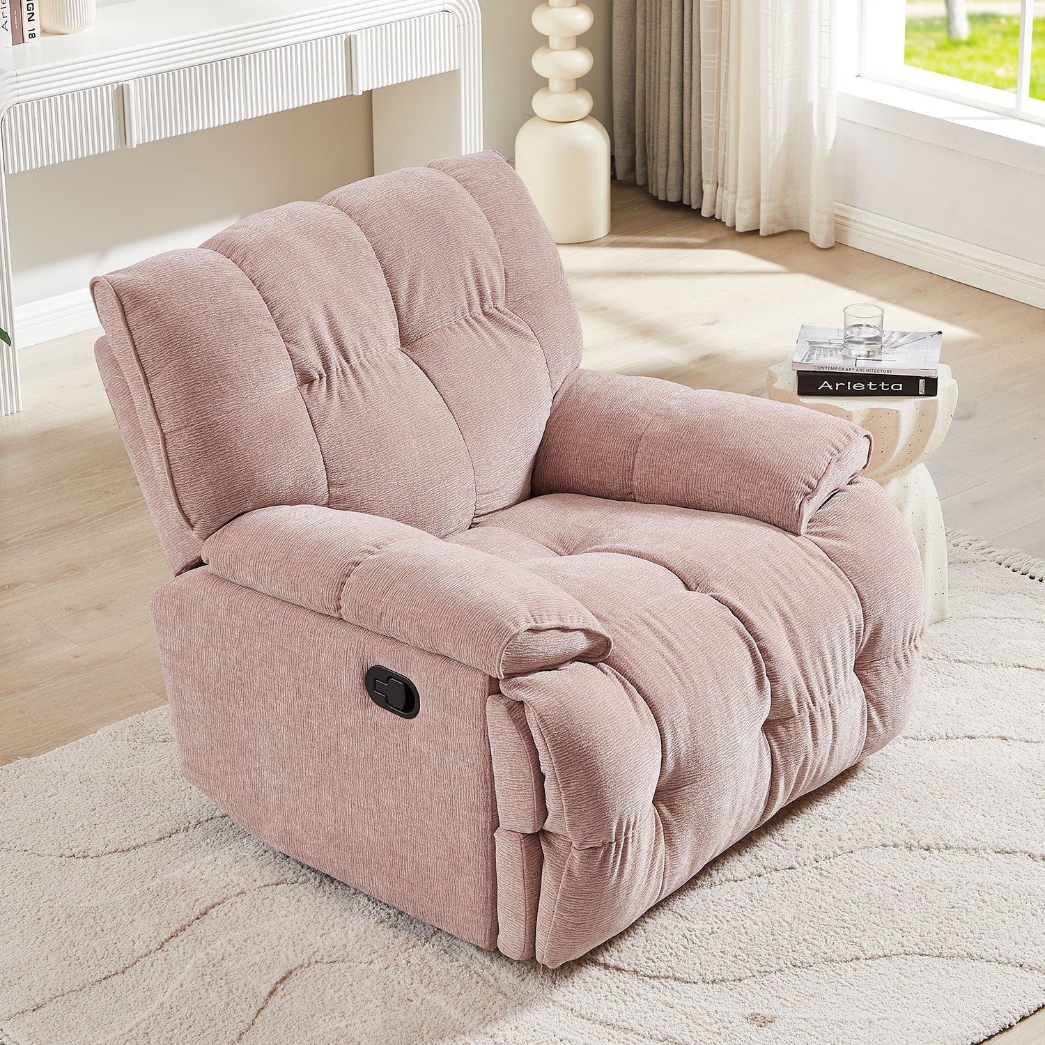 Ergonomic Glider 360 Degree Swivel Chair, Overstuffed Manual Rocking Recliner for Living Room PINK