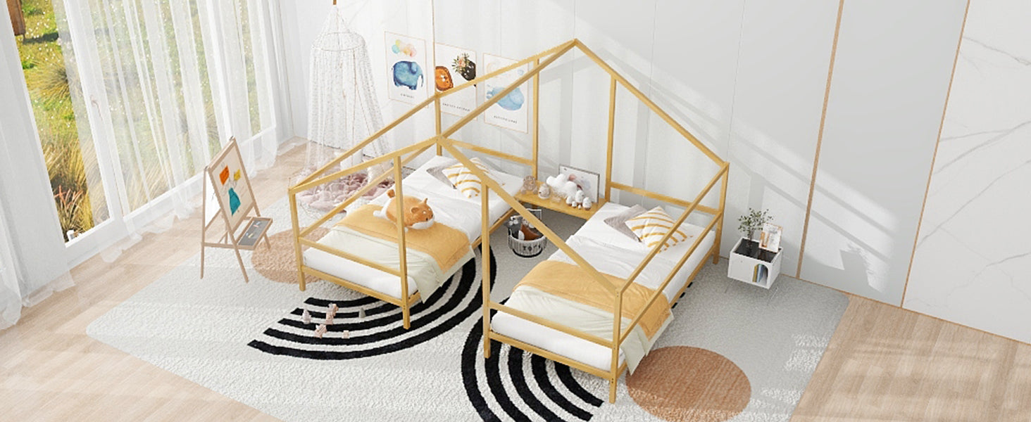 Metal Double Twin Size Triangular House Beds with Built-in Table, Gold