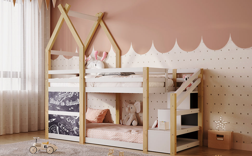 Twin over Twin House Bunk Bed with White Storage Staircase and 2 Blackboards, White and Natural