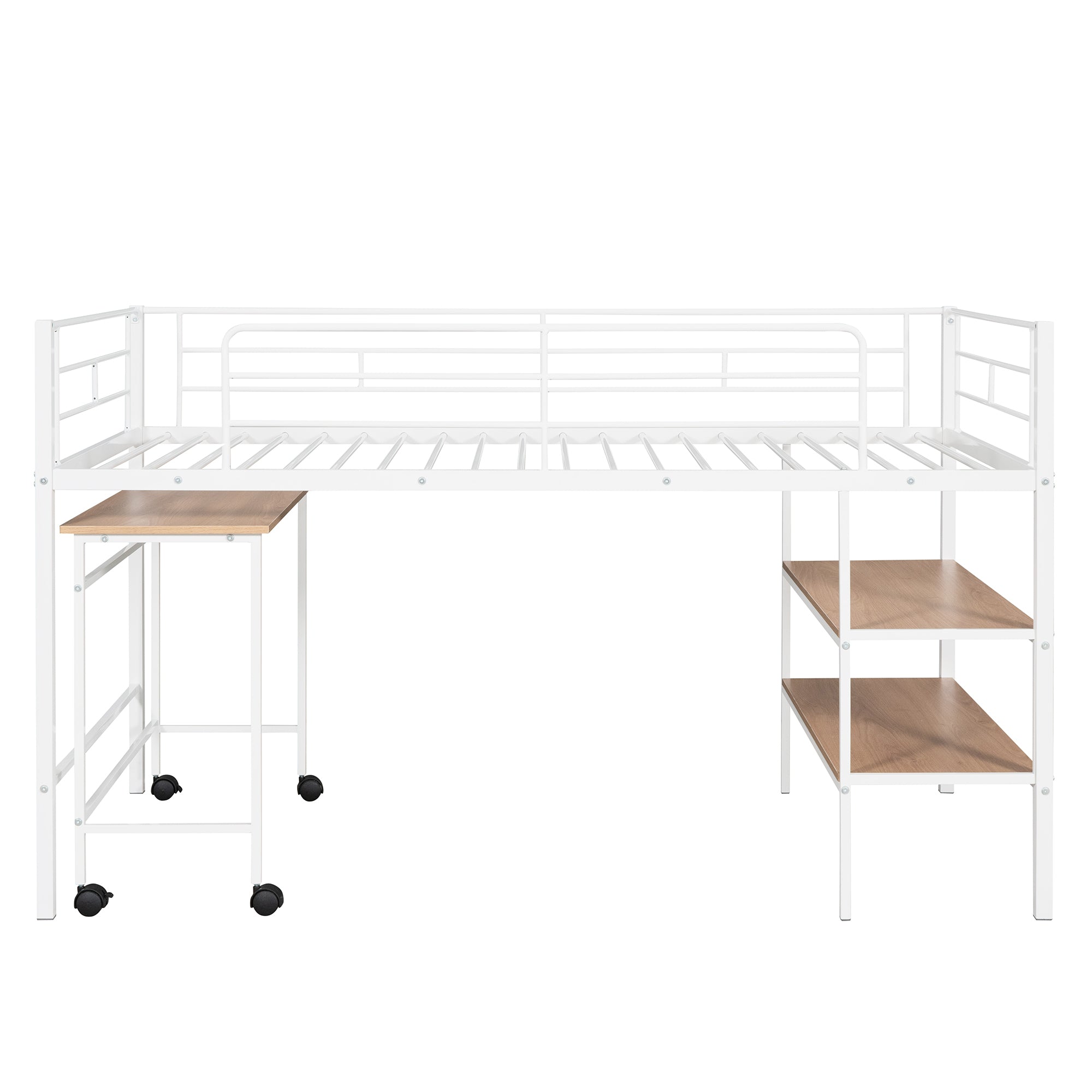 Twin Size Metal Loft Bed with Desk and Shelves,White