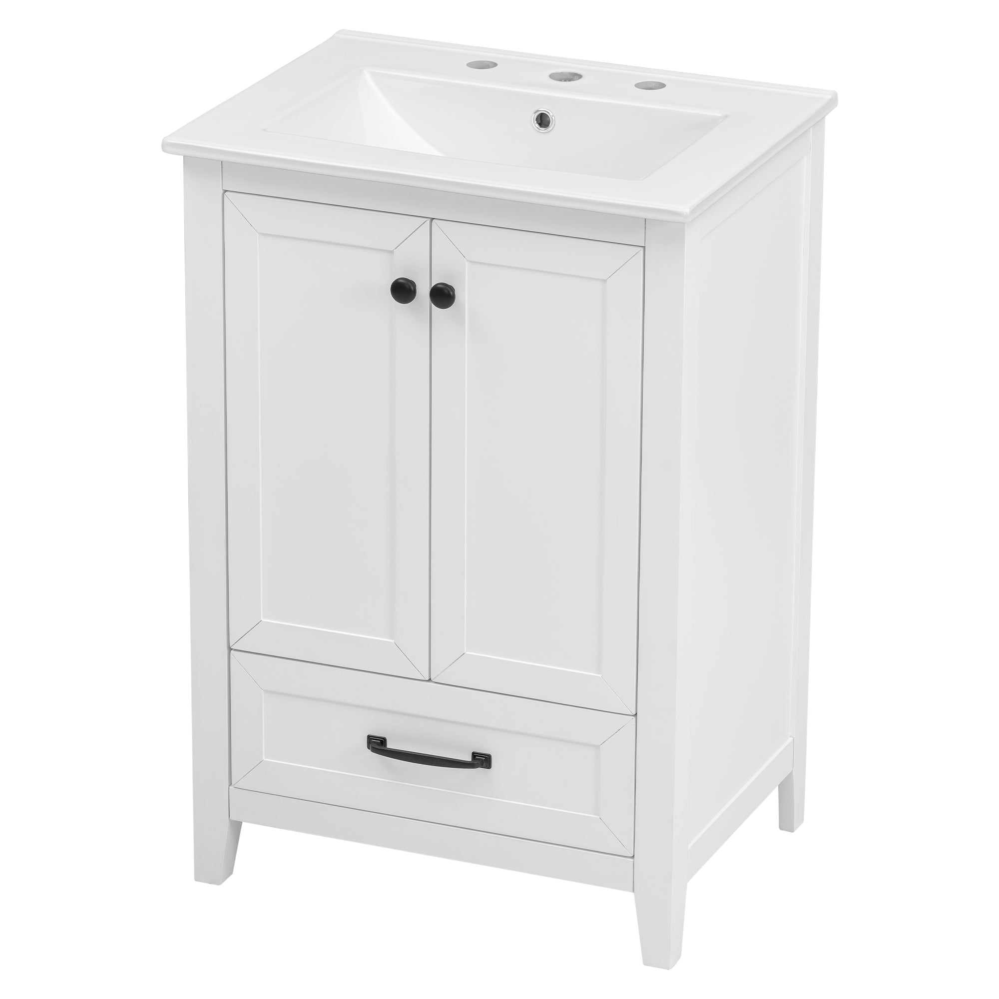 24" Bathroom Vanity with Sink, Bathroom Vanity Cabinet with One Drawer and Doors, Solid Wood and MDF, White