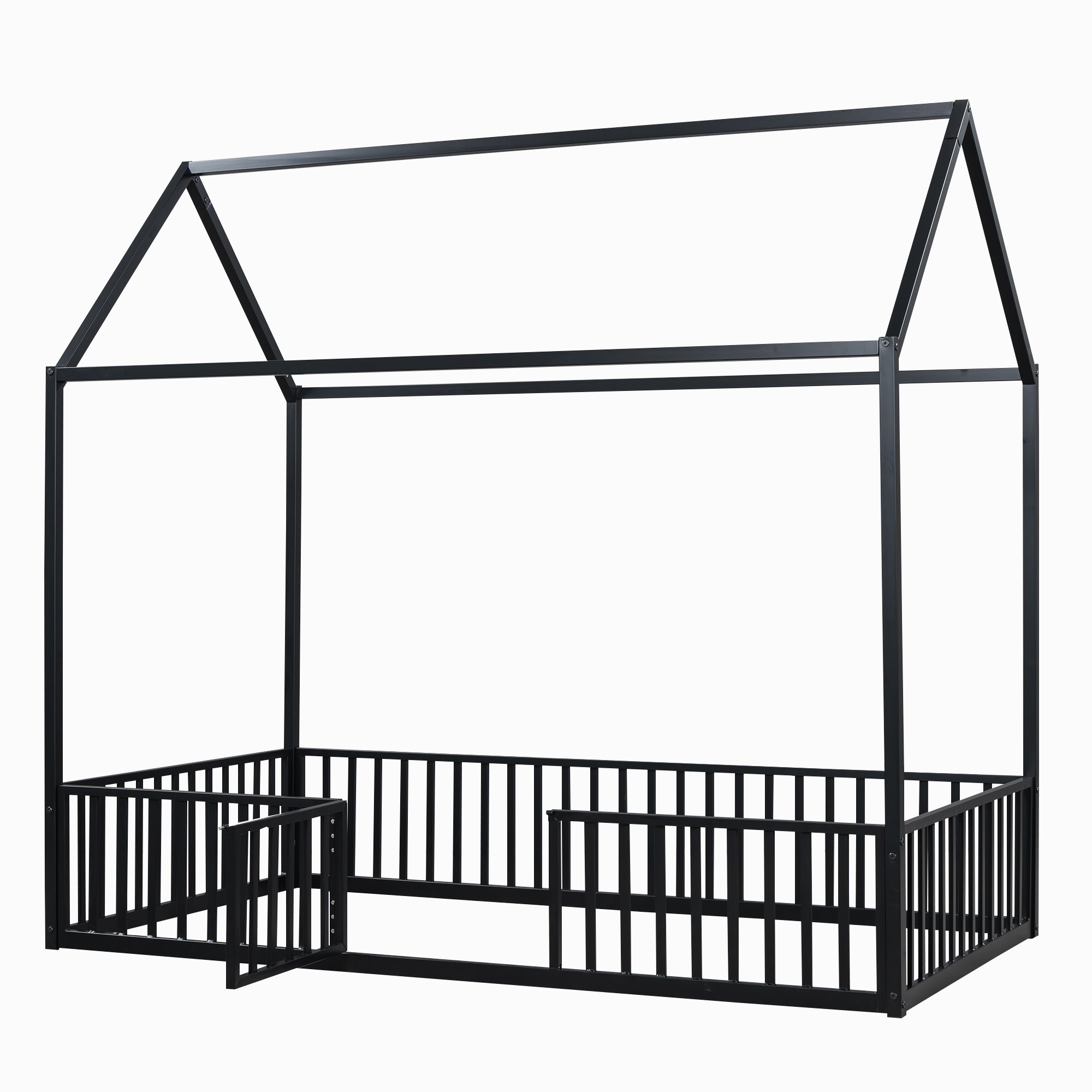 Twin Size Metal House Bed with Fence and Door, Black