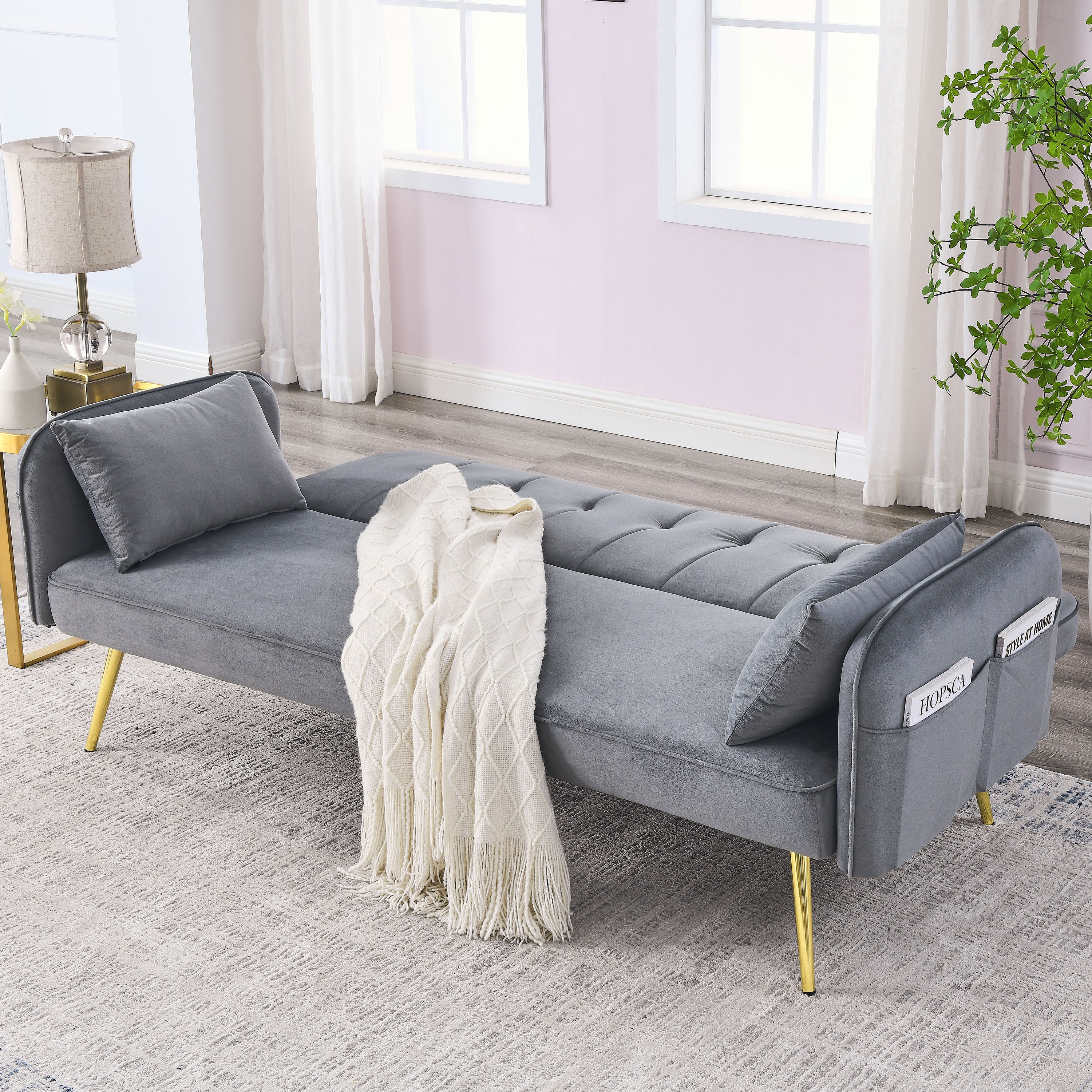 72.5"  Convertible Sofa Bed, Adjustable Velvet Sofa Bed - Velvet Folding Lounge Recliner - Reversible Daybed  - Ideal for Bedroom with Two Pillows and Center Legs