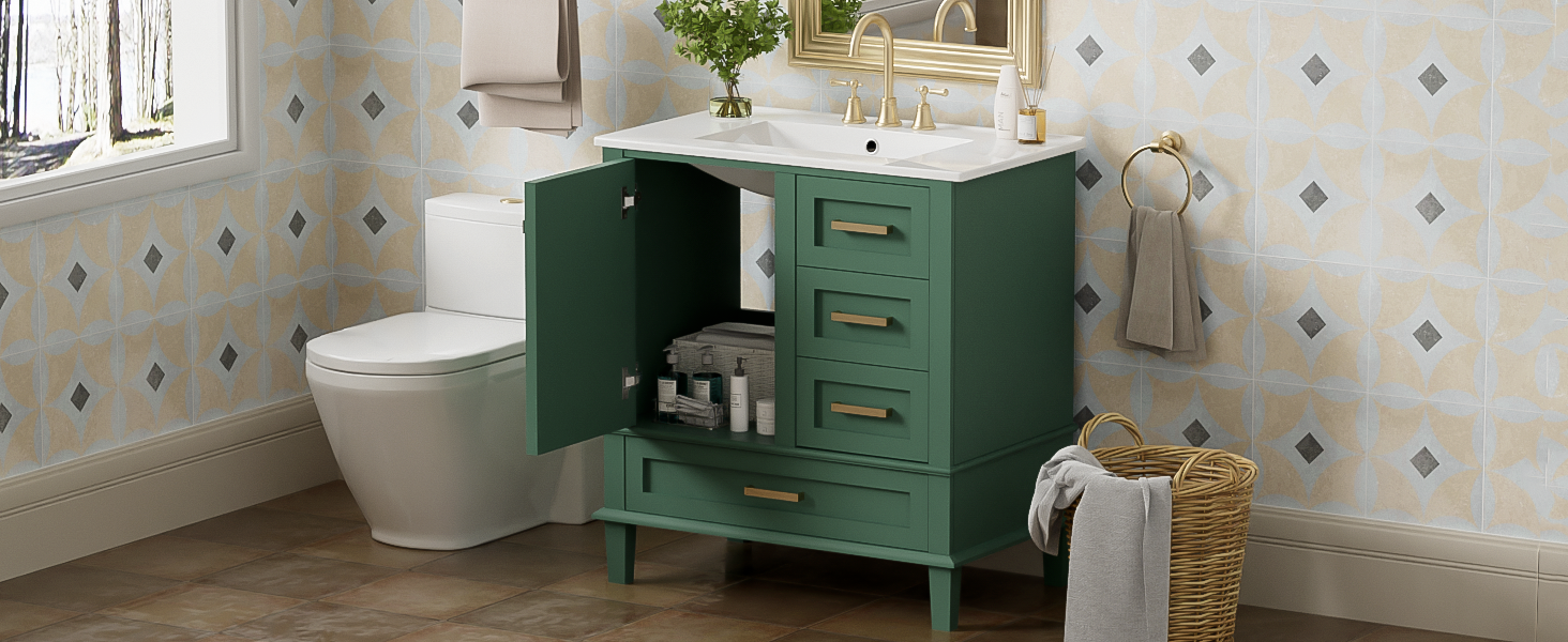 30" Bathroom Vanity in Green, Modern Bathroom Cabinet with Sink Combo Set, Bathroom Storage Cabinet with a Soft Closing Door and 3 Drawers, Solid Wood Frame