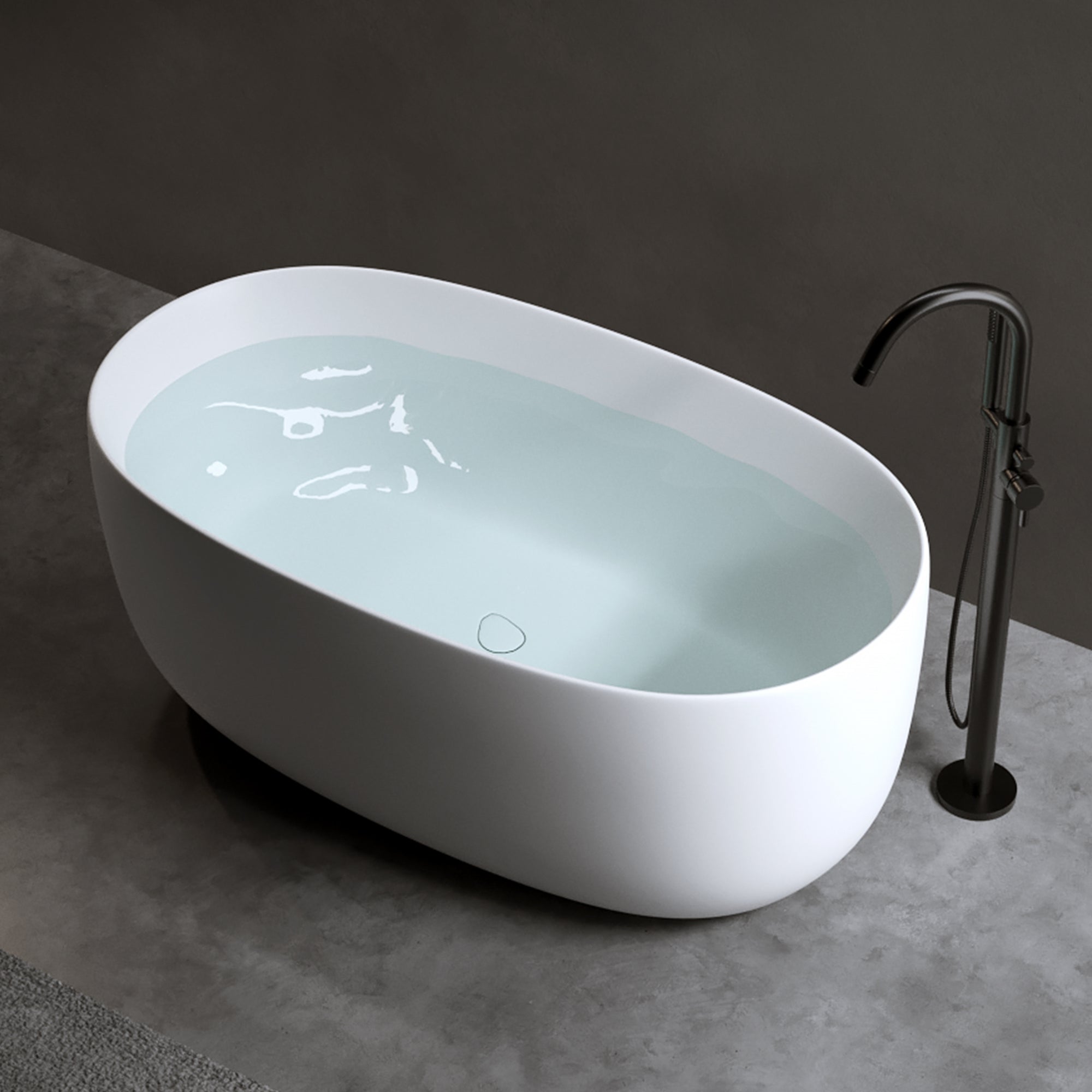 47'' Independent solid surface resin stone bathtub, a modern designed independent bathtub with pop-up drainage and overflow pipes, suitable for small households