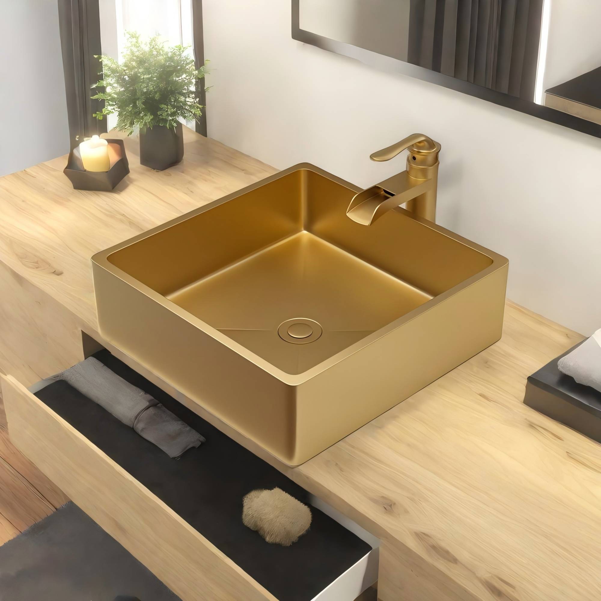 15"x15" Gold Stainless Steel Bathroom Sink with Pop Up Drain