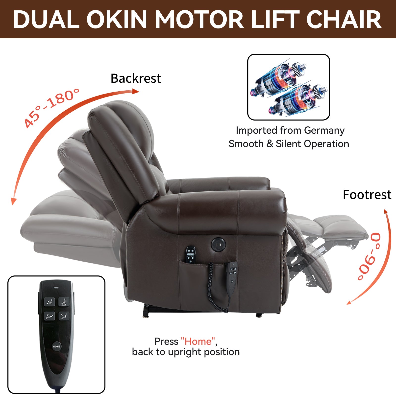 Power Lift Recliner Chair Heat Massage Dual Motor Infinite Position Up to 350 LBS, Genuine Leather, Heavy Duty Motion Mechanism with USB Ports, Brown