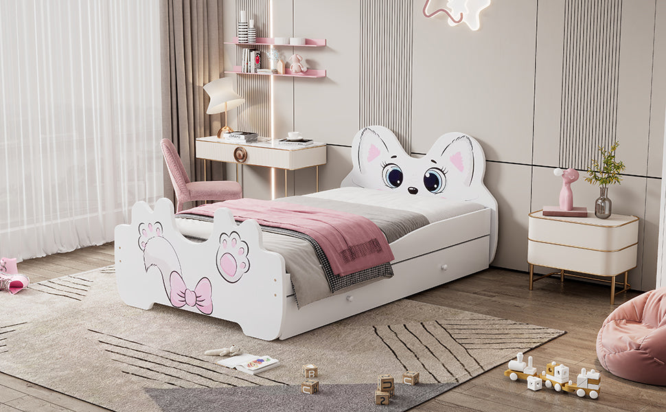 Cartoon Twin Size Platform Bed with Trundle, White