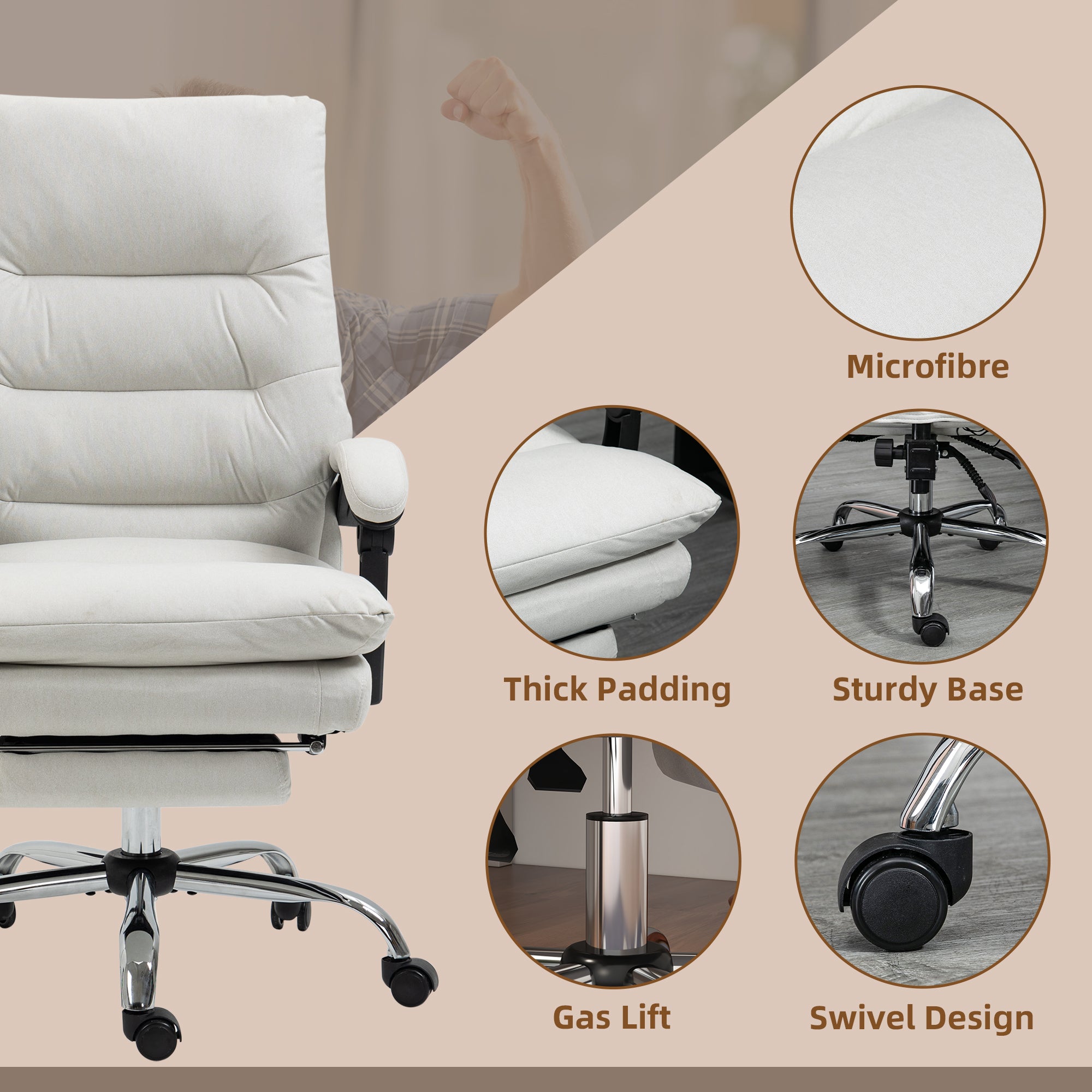 Vinsetto Microfibre Executive Massage Office Chair,  Computer Desk Chair, Heated Reclining Chair with Footrest, Double-tier Padding, Swivel Wheels, Cream White