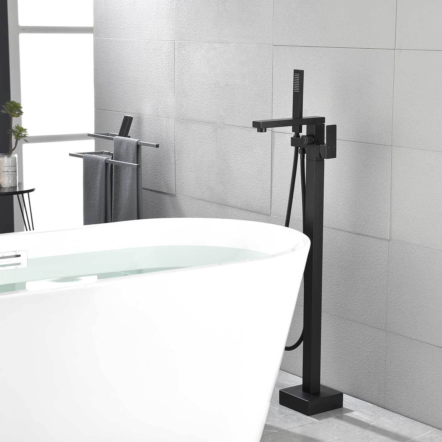 Freestanding Bathtub Faucet Tub Filler Matte Black Floor Mount Bathroom Faucets Brass Single Handle with Hand Shower