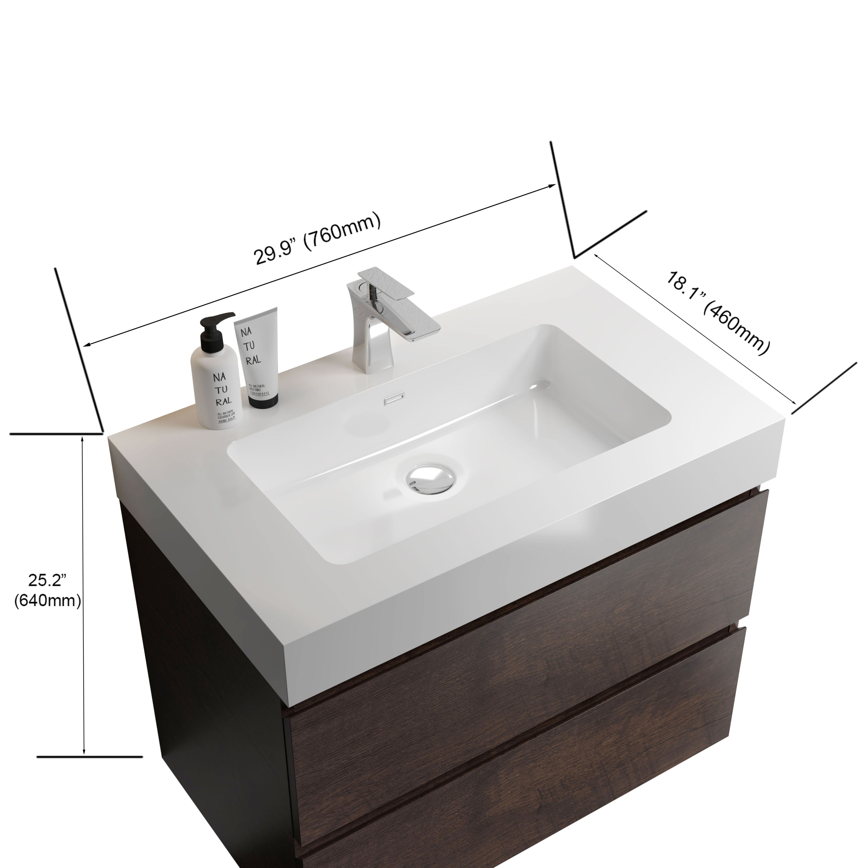 Alice 30" Walnut Bathroom Vanity with Sink, Large Storage Wall Mounted Floating Bathroom Vanity for Modern Bathroom, One-Piece White Sink Basin without Drain and Faucet, Pre-assembled