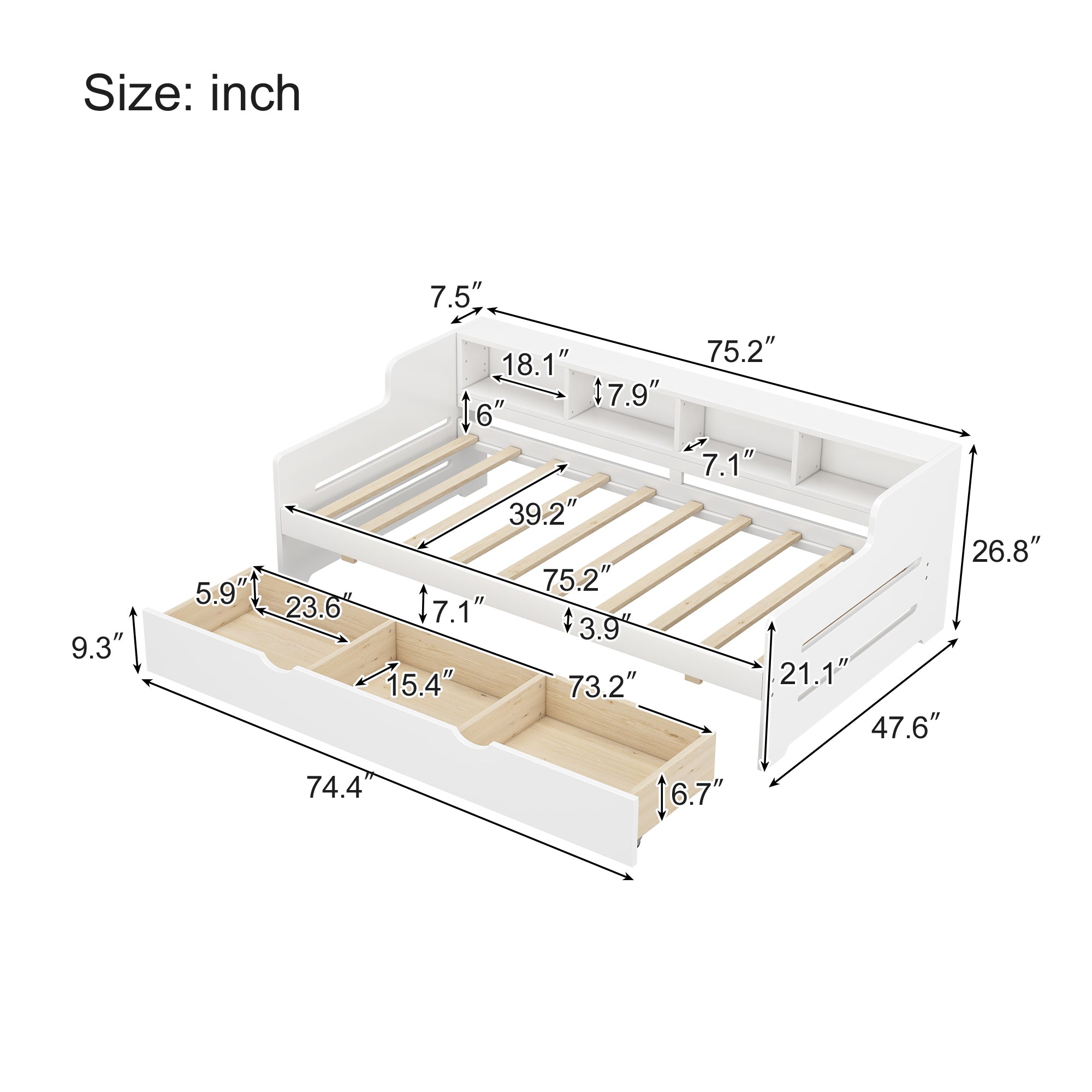 Twin Size Wooden Day Bed with 3 Trawers for Guest Room, Small Bedroom, Study Room, White