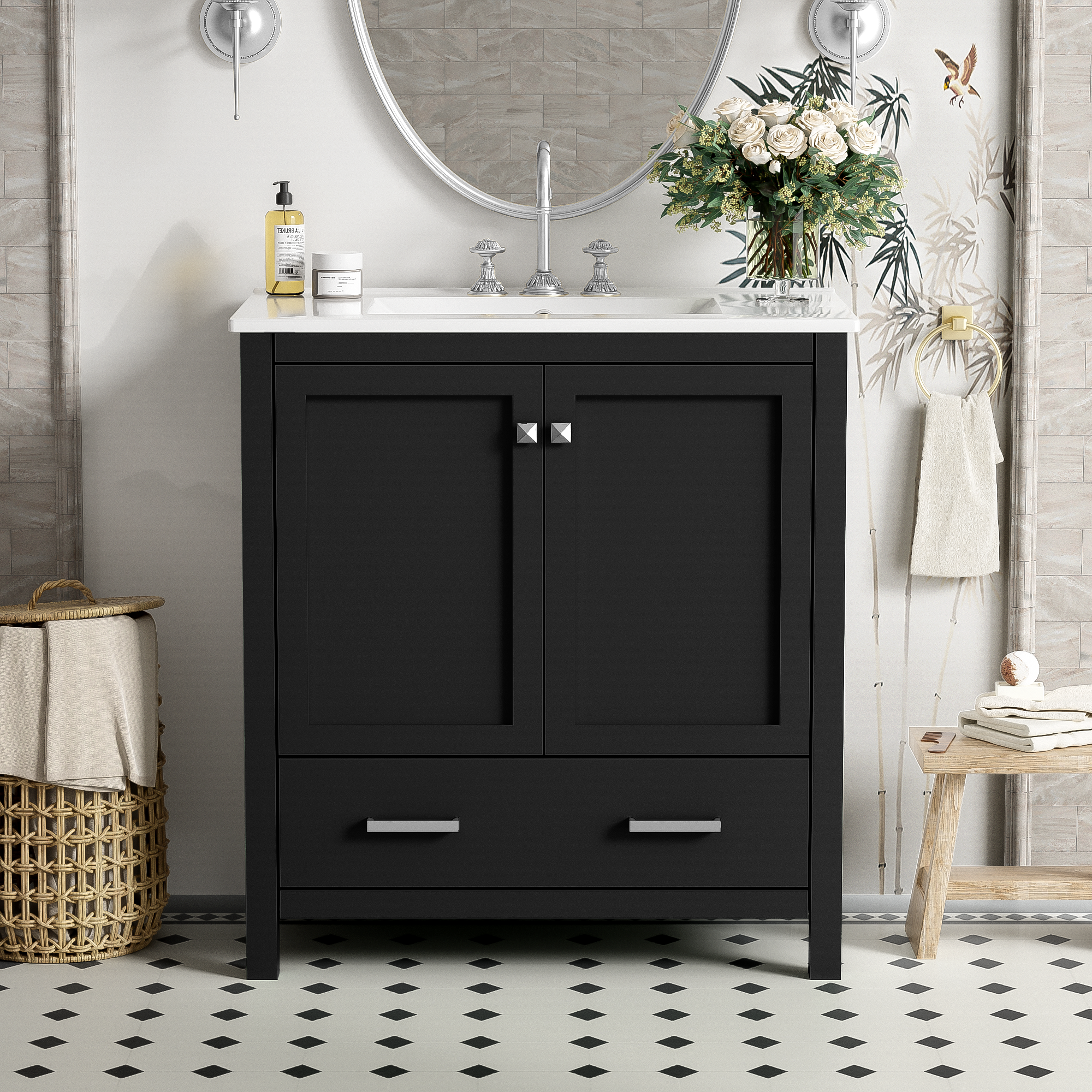 30" Black Bathroom Vanity with Single Sink, Combo Cabinet Undermount Sink, Bathroom Storage Cabinet with 2 Doors and a Drawer, Soft Closing, Multifunctional Storage, Solid Wood Frame