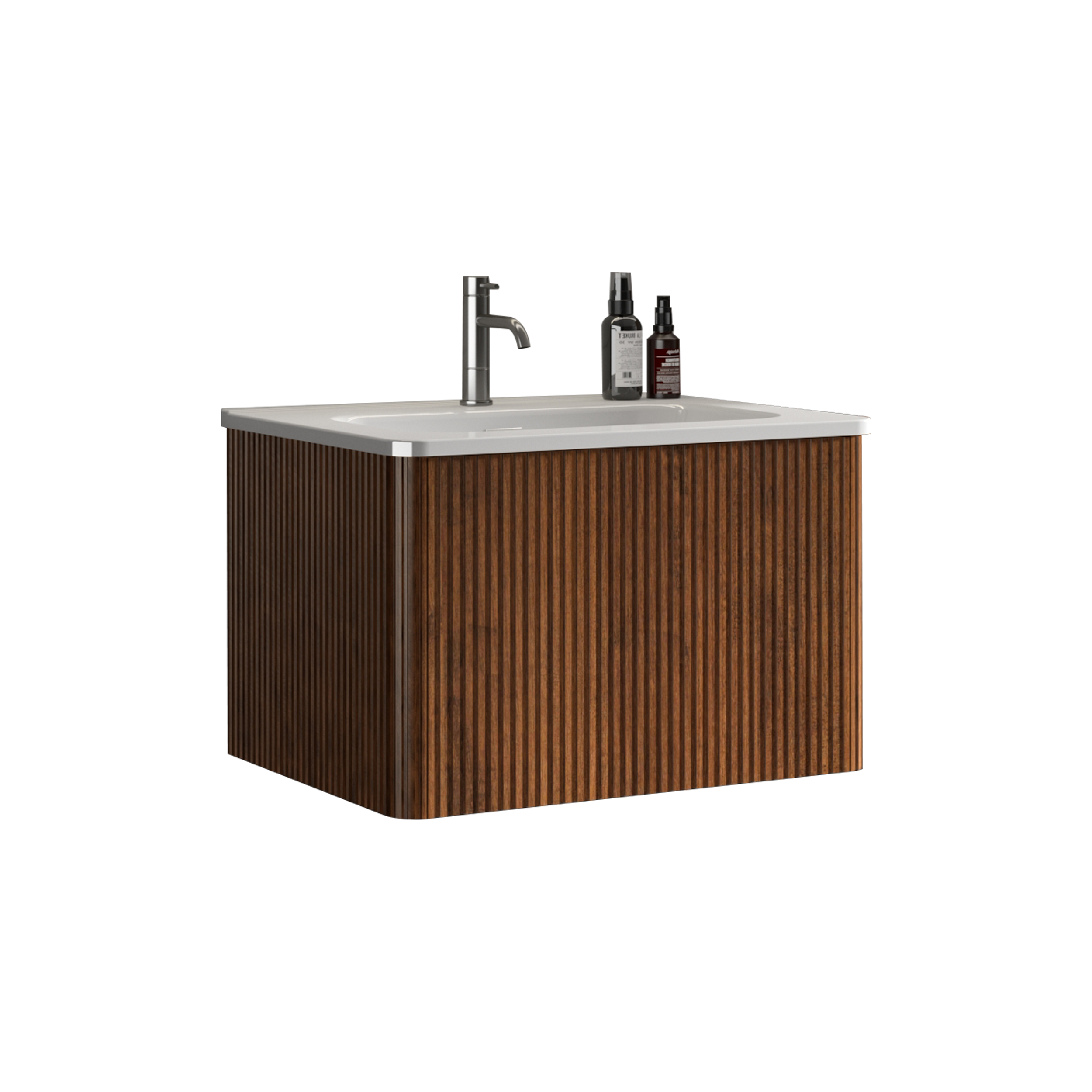 U046-Etna24W-305 Etna 24" Striped Walnut Bathroom Vanity with White Ceramic Sink, Wall Mounted Floating Bathroom Vanity for Modern Bathroom, Pre-assembled