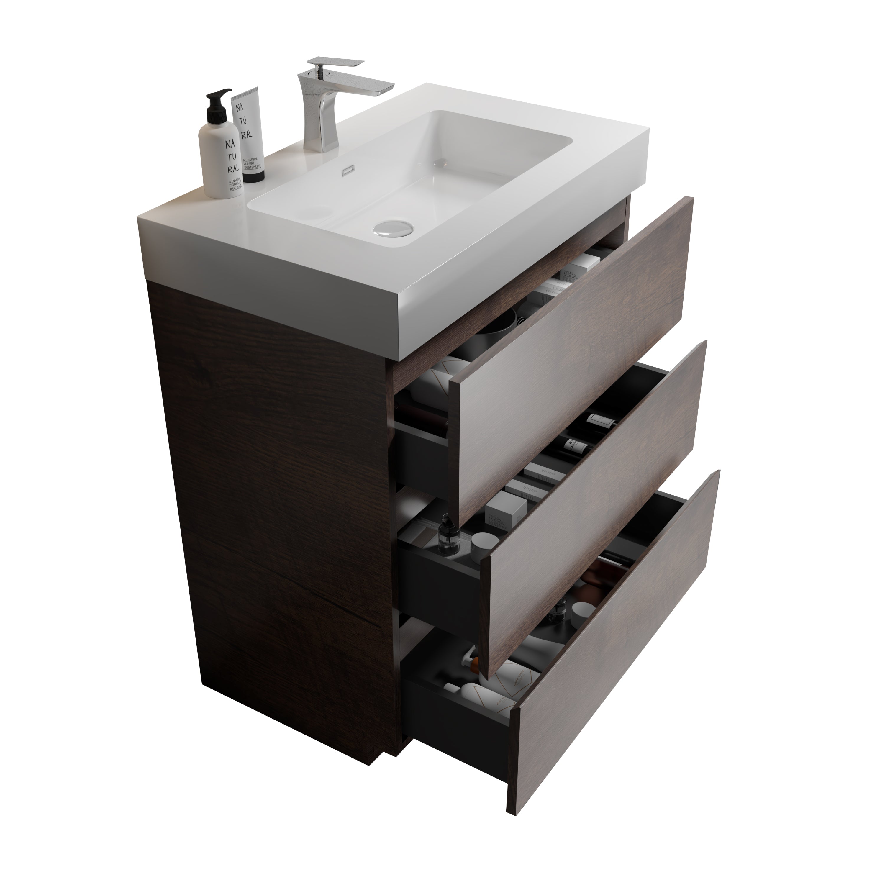 Alice 30" Walnut Bathroom Vanity with Sink, Large Storage Freestanding Bathroom Vanity for Modern Bathroom, One-Piece White Sink Basin without Drain and Faucet, Pre-assembled