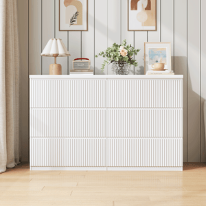 Modern white 6-drawer dresser with wave panel fronts, front view