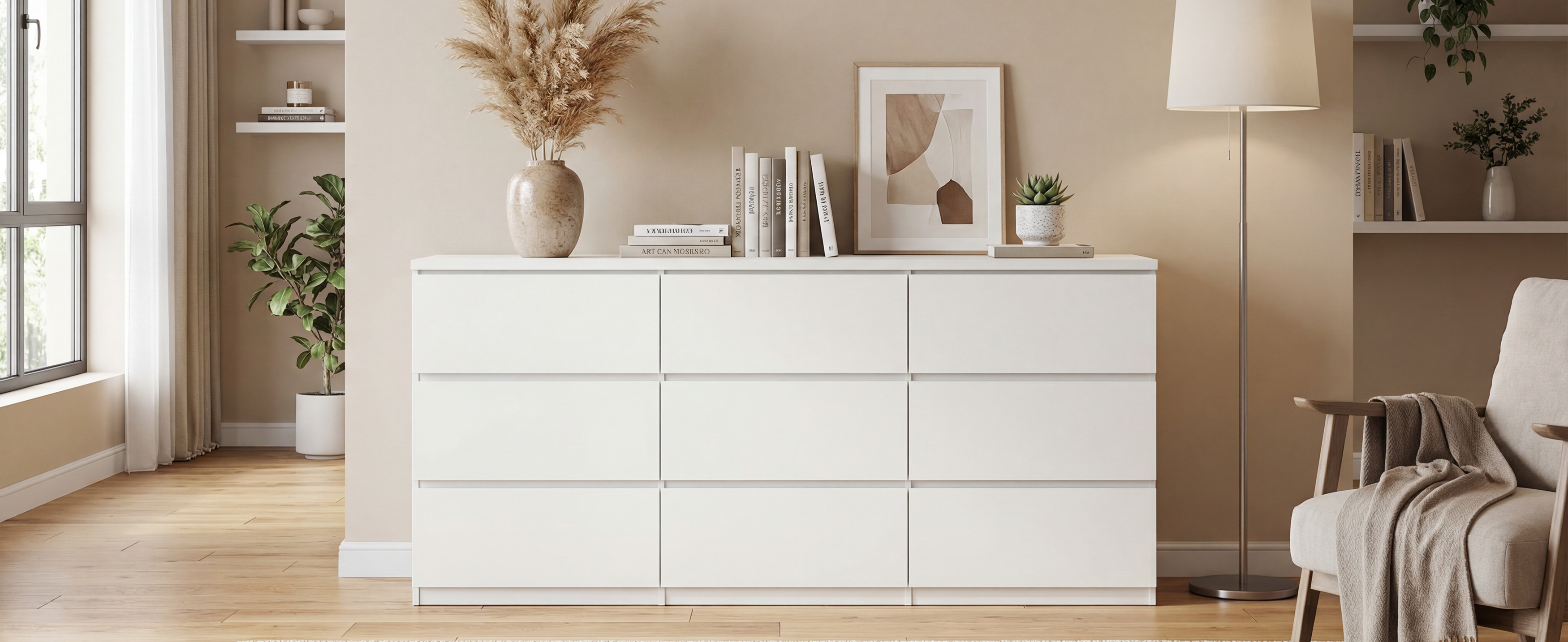 White matte 9-drawer wood dresser, handleless angled view