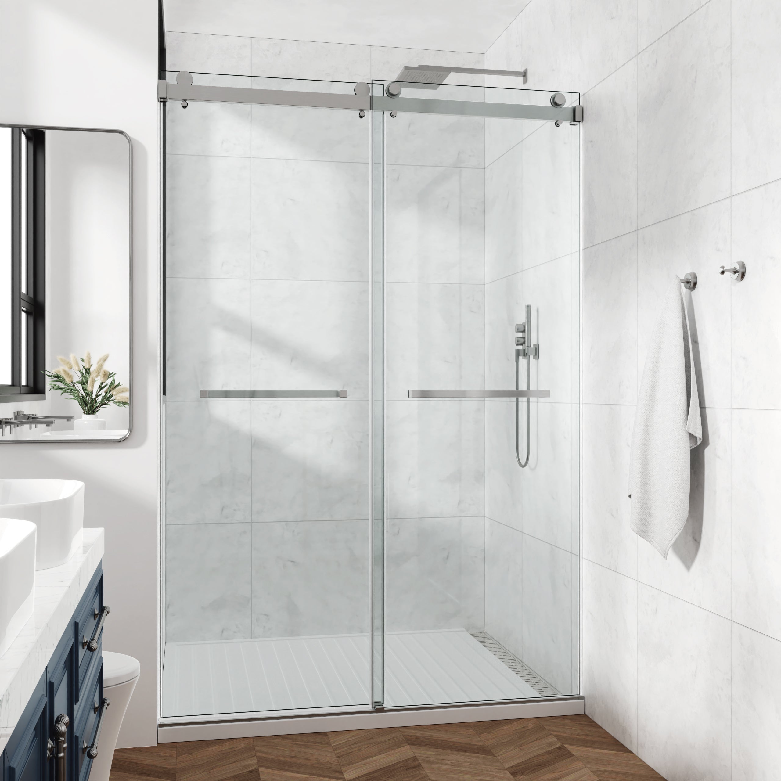 48 x 76 in frameless double sliding shower door detail view 6