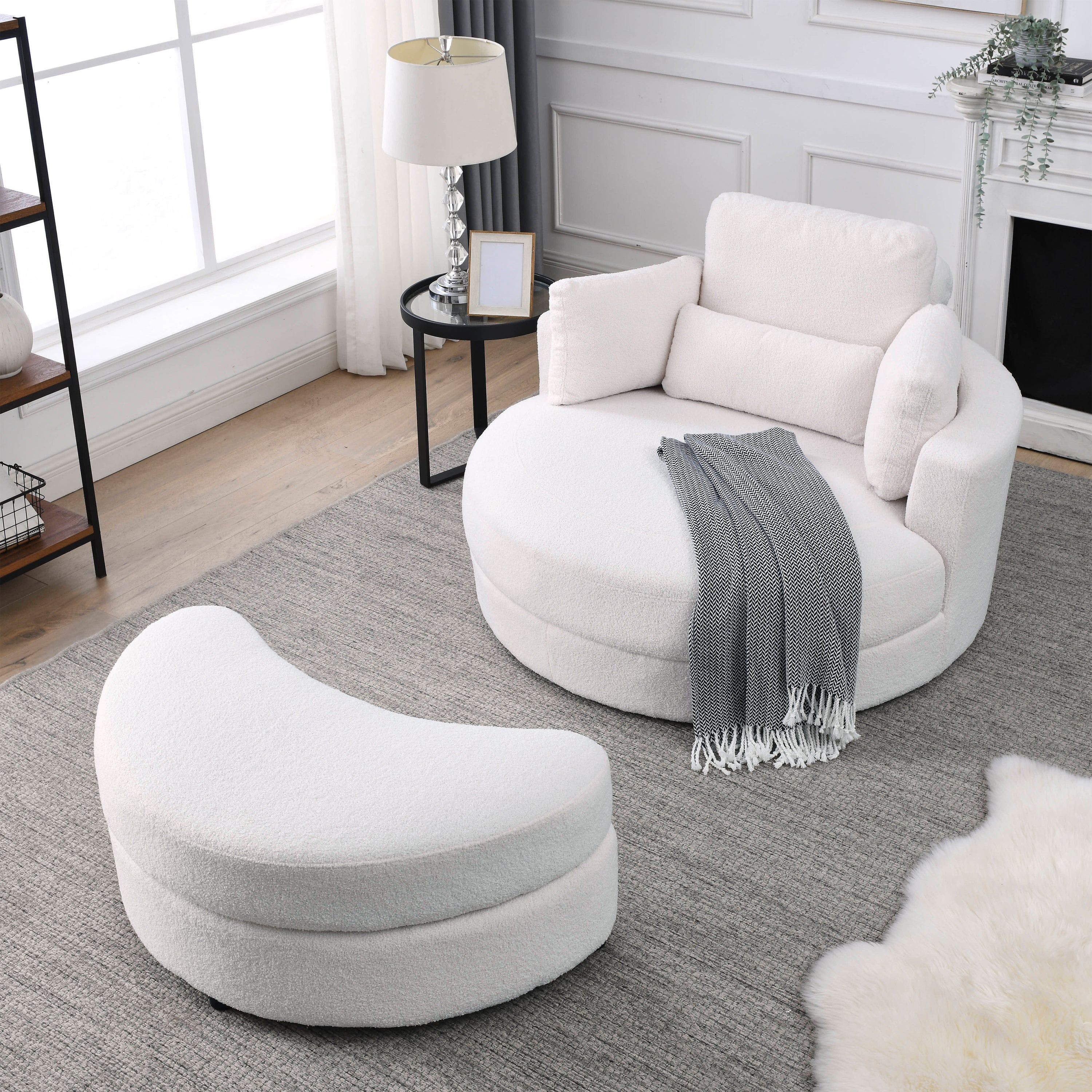 [Video] Welike Swivel Accent Barrel Modern Sofa Lounge Club Big Round Chair with Storage Ottoman Linen Fabric for Living Room Hotel with Pillows,Teddy White (Ivory)