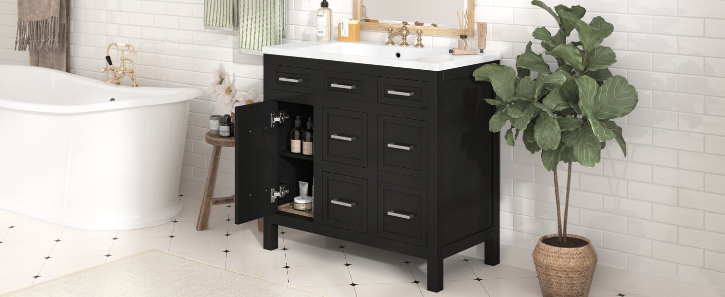 36" Bathroom Vanity Cabinet with Resin Integrated Sink - 4 Drawers, 2 Doors