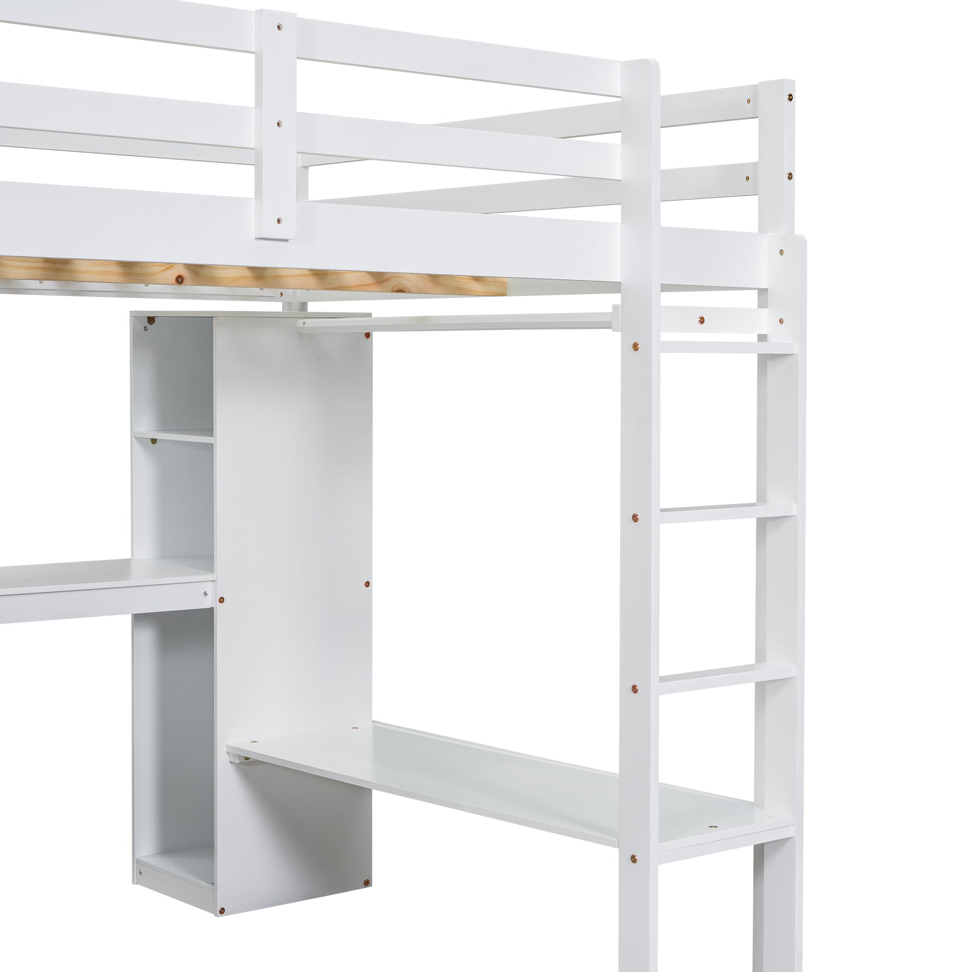 Full Size Loft Bed with L-shaped Desk, Wardrobe and Storage Shelves, White