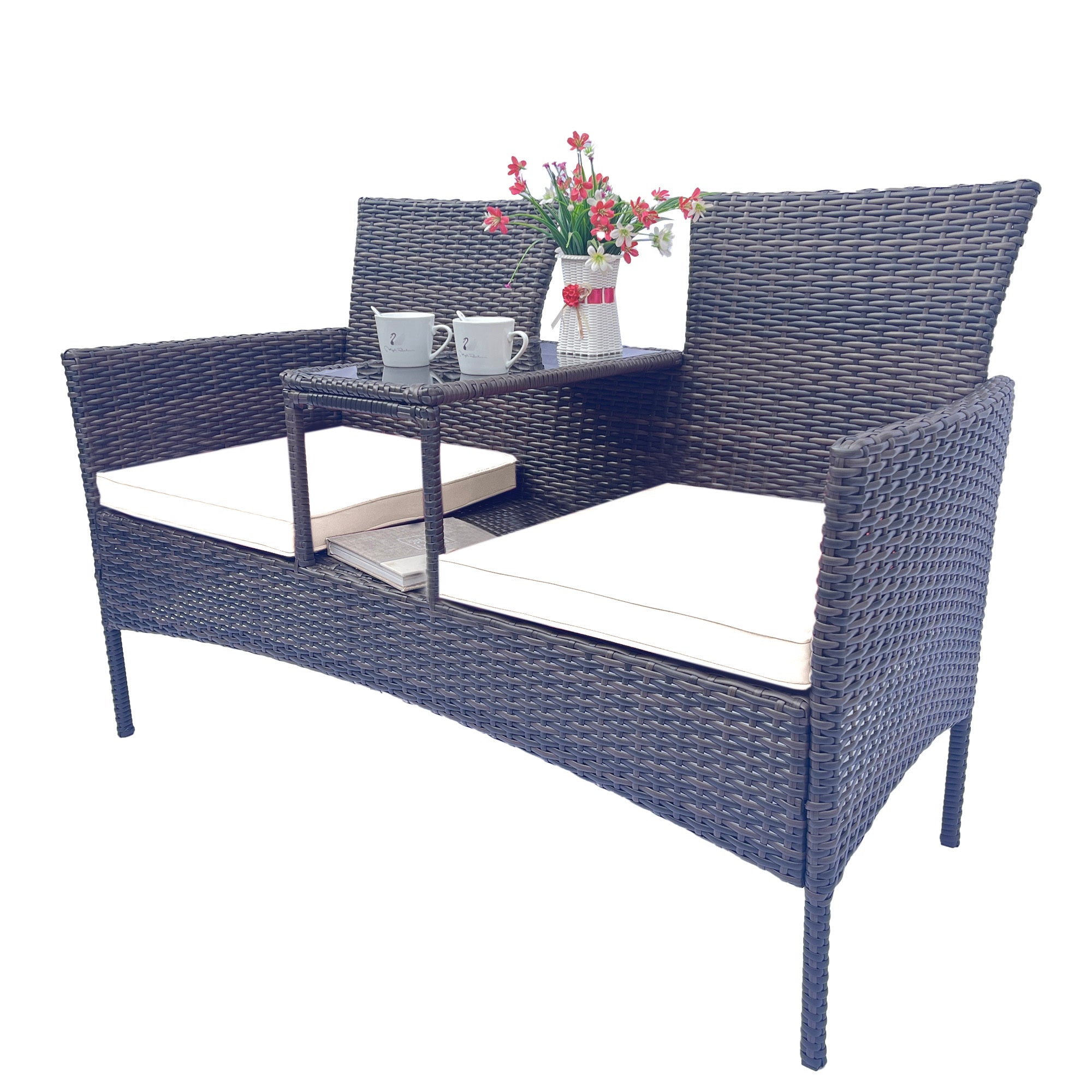 Wicker Patio Conversation Furniture Set, Outdoor Furniture Set with Removable Cushions & Table, Tempered Glass Top, Modern Rattan Bench for Garden Lawn Backyard