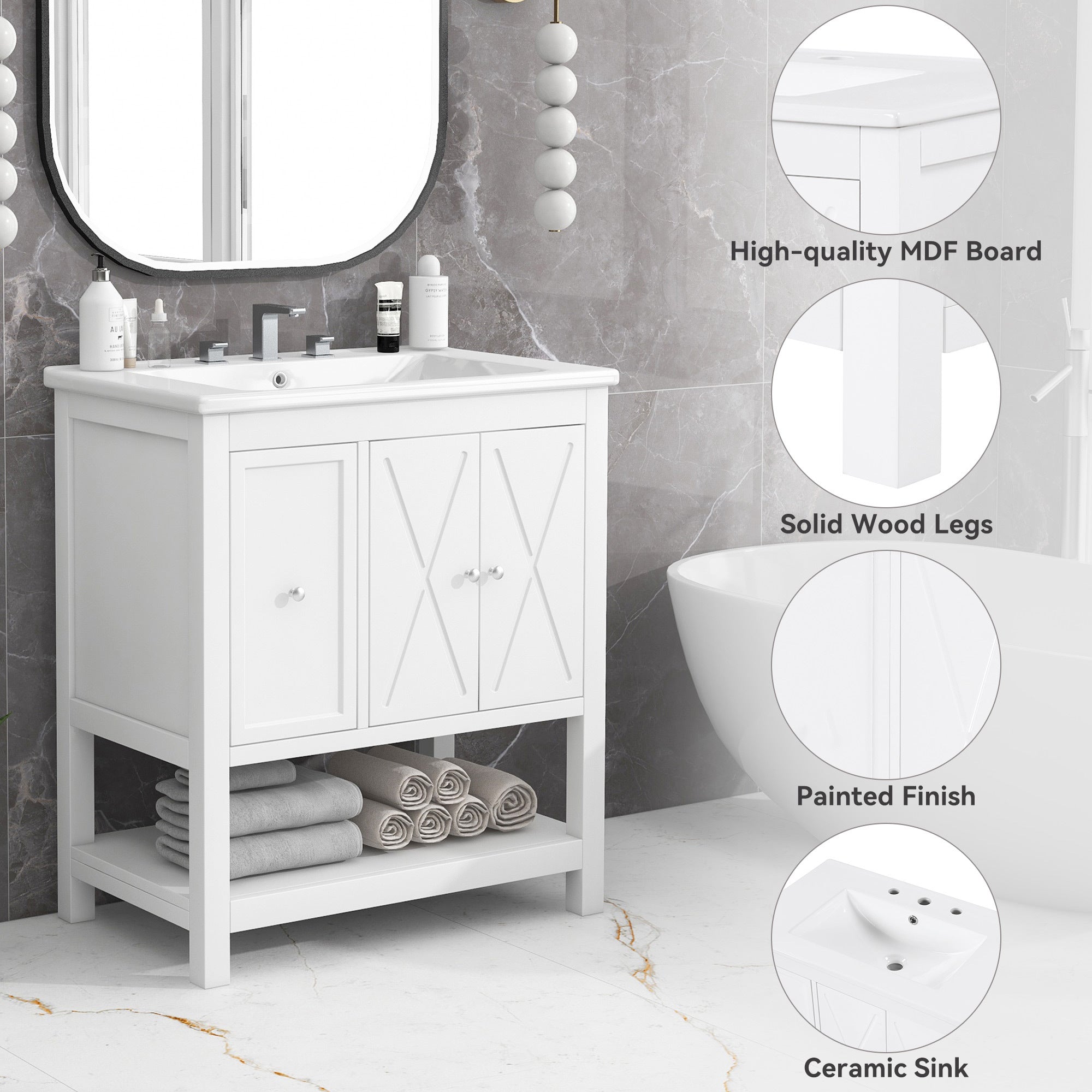 30" Bathroom Vanity with Sink Top, Bathroom Vanity Cabinet with Two Doors and One Drawer, MDF Boards, Solid Wood, One Package, White