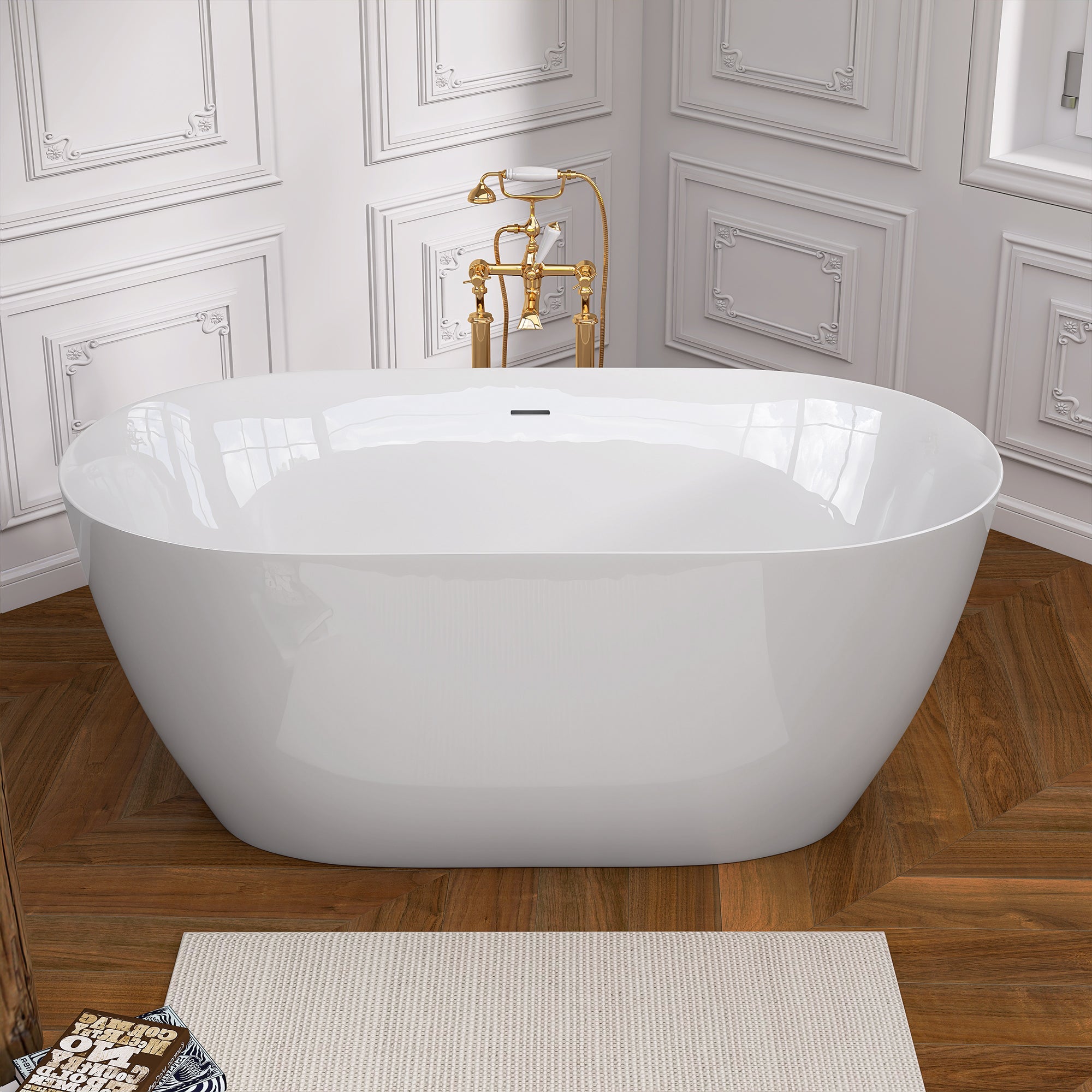 55" Acrylic Freestanding Bathtub Contemporary Soaking White Tub with Overflow and Pop-up Drain Gloss White